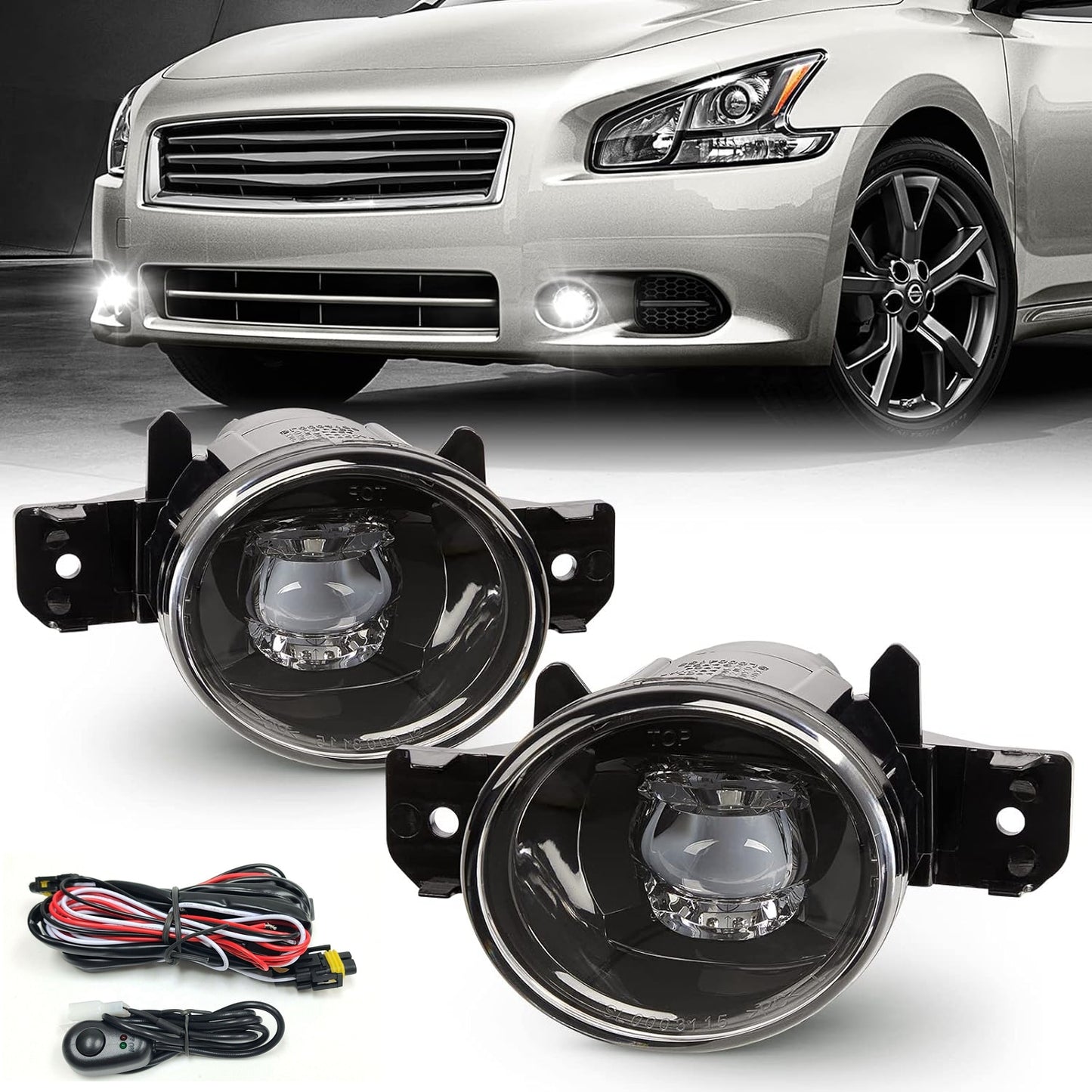 Built-in LED Fog Lights Kit for 2011 Infiniti G37 (OE Style, Clear Lens) with Switch, Wires, Relay OEM#NI2593122 / NI2592122, 261559B91C / 261509B91C