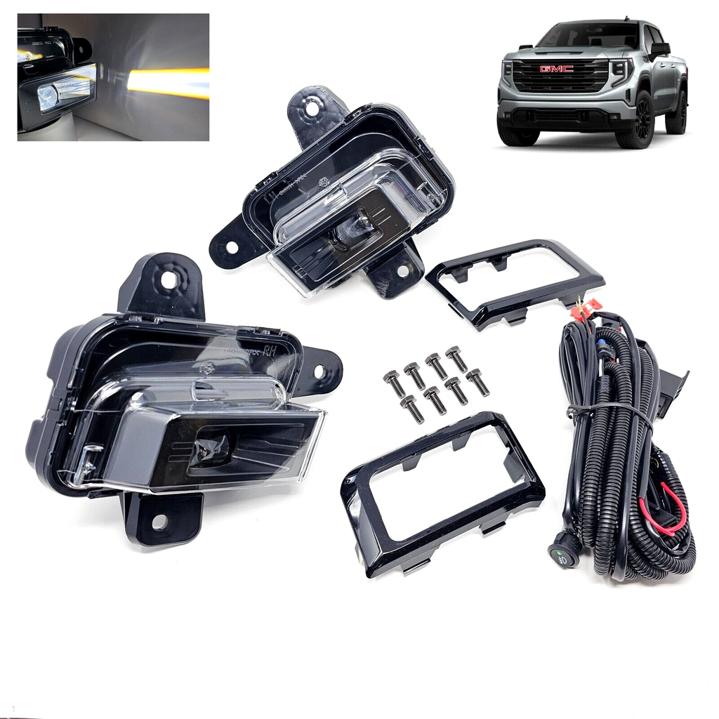 Clear Lens LED Fog Lights Kit For 2022 2023 2024 2025 GMC Sierra 1500  AT4 / DENALI / SLT / PRO / SLE / ELEVATION with Switch Wire Bezel White OEM#84550846 / 84550845 GM2593338 / GM2592338