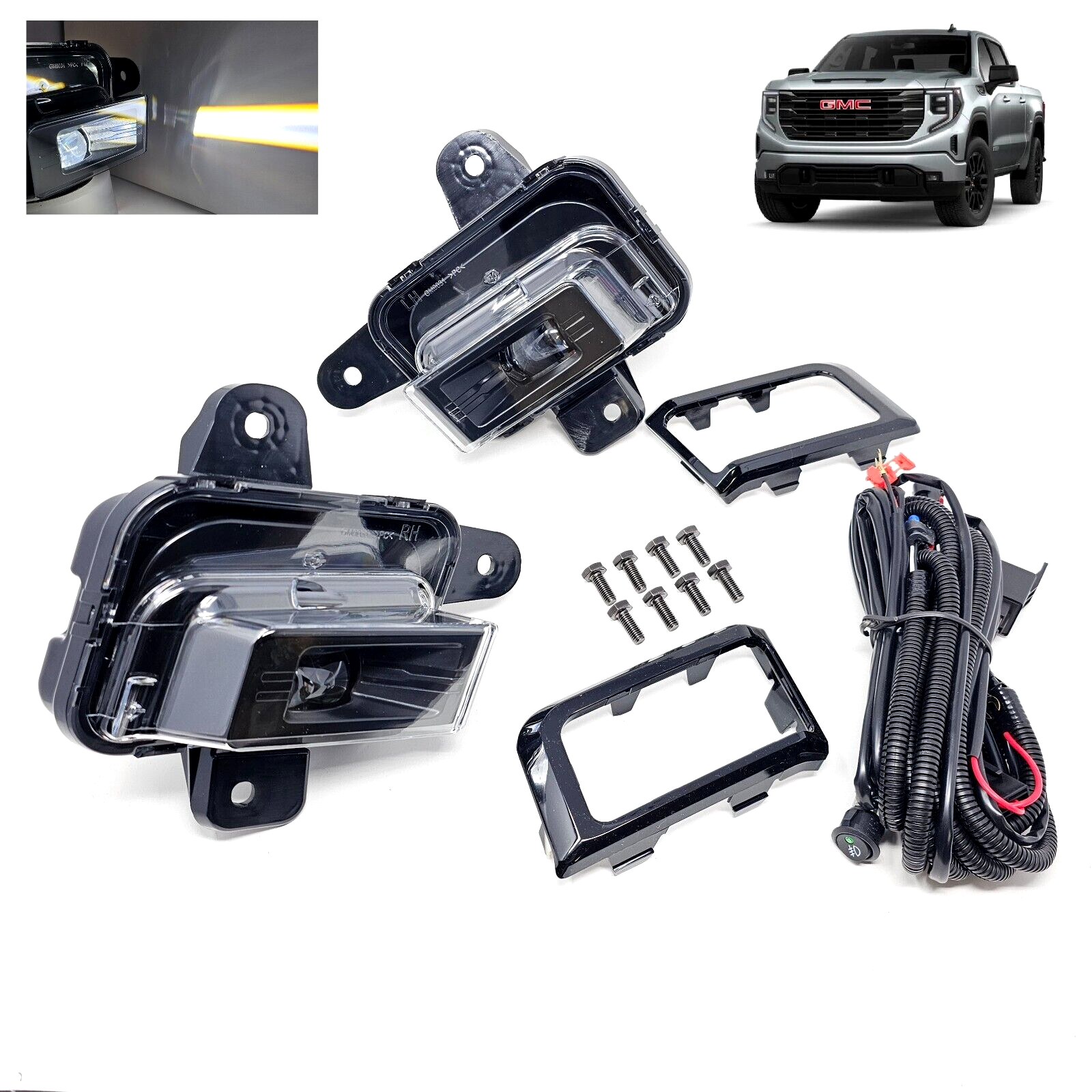 Clear Lens LED Fog Lights Kit For 2022 2023 2024 2025 GMC Sierra 1500  AT4 / DENALI / SLT / PRO / SLE / ELEVATION with Switch Wire Bezel White OEM#84550846 / 84550845 GM2593338 / GM2592338