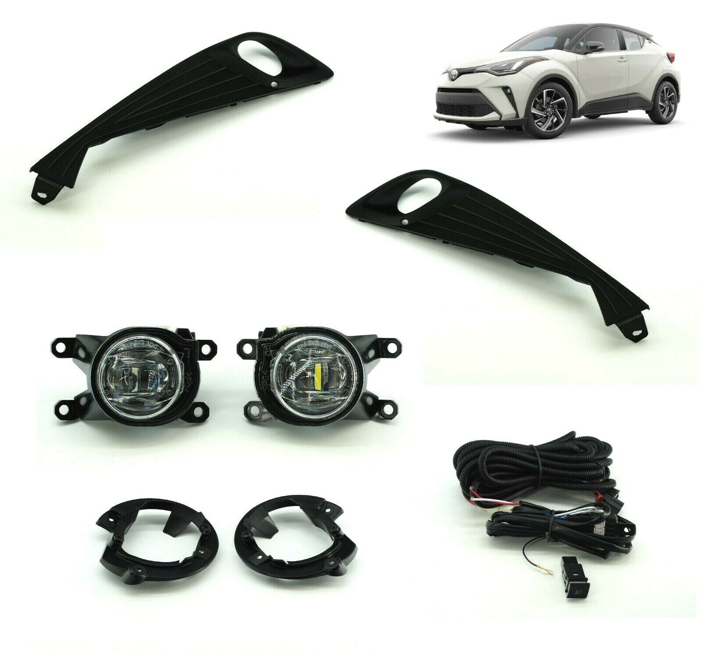 Built-in LED Fog Lights  For 2020 2021 Toyota CHR C-HR (OE Style Clear Lens with Bezels, Bracket, Switch, Wires)