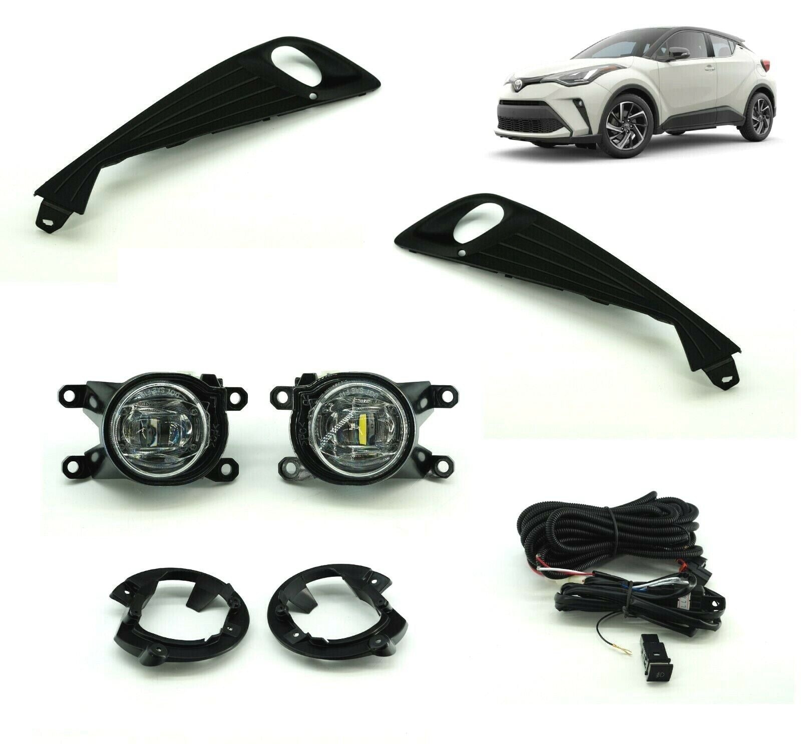 Built-in LED Fog Lights  For 2020 2021 Toyota CHR C-HR (OE Style Clear Lens with Bezels, Bracket, Switch, Wires)