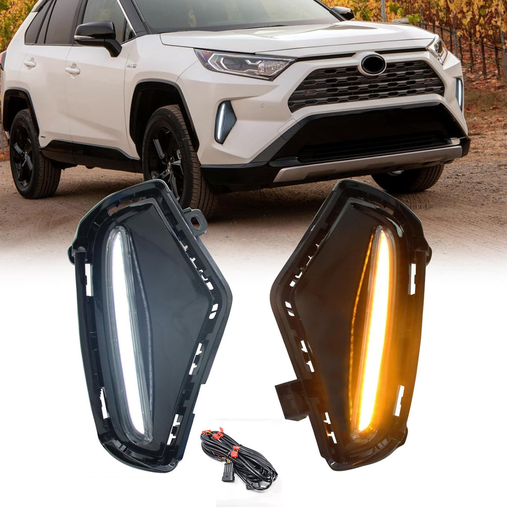 Dual Color LED DRL Signal Fog Light Kit For 2019-2025 Toyota Rav4 LE XLE Hybrid SE XSE with Bezel Wire & Daytime Running Light Amber Turn Signal Light