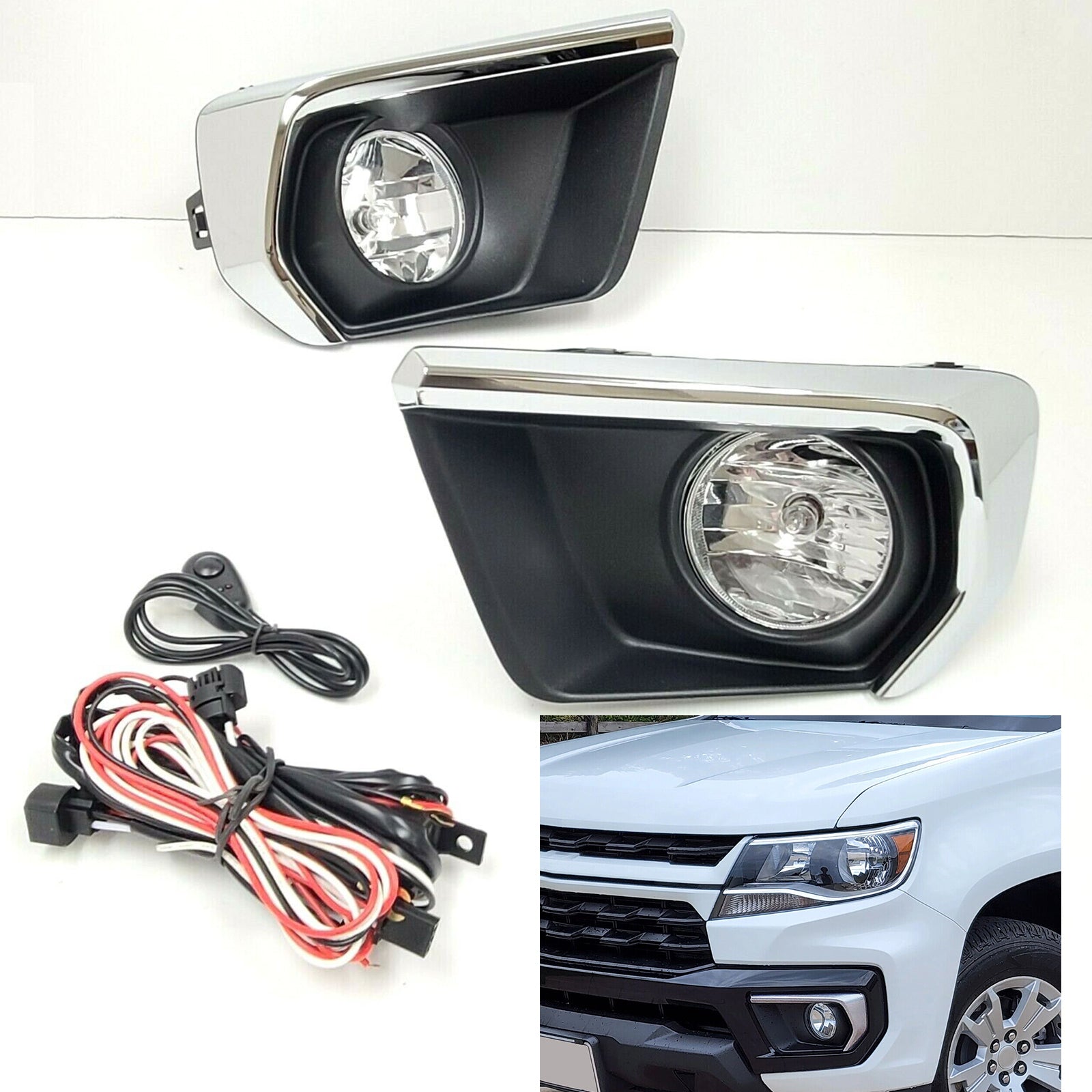 Clear Lens Fog Lights Kit For 2021-2022 Chevrolet Chevy Colorado with Wires Switch Chrome Bezel Relay OEM# 15839896, GM2590104,84750570 / 84750569,GM1039271 GM1038271