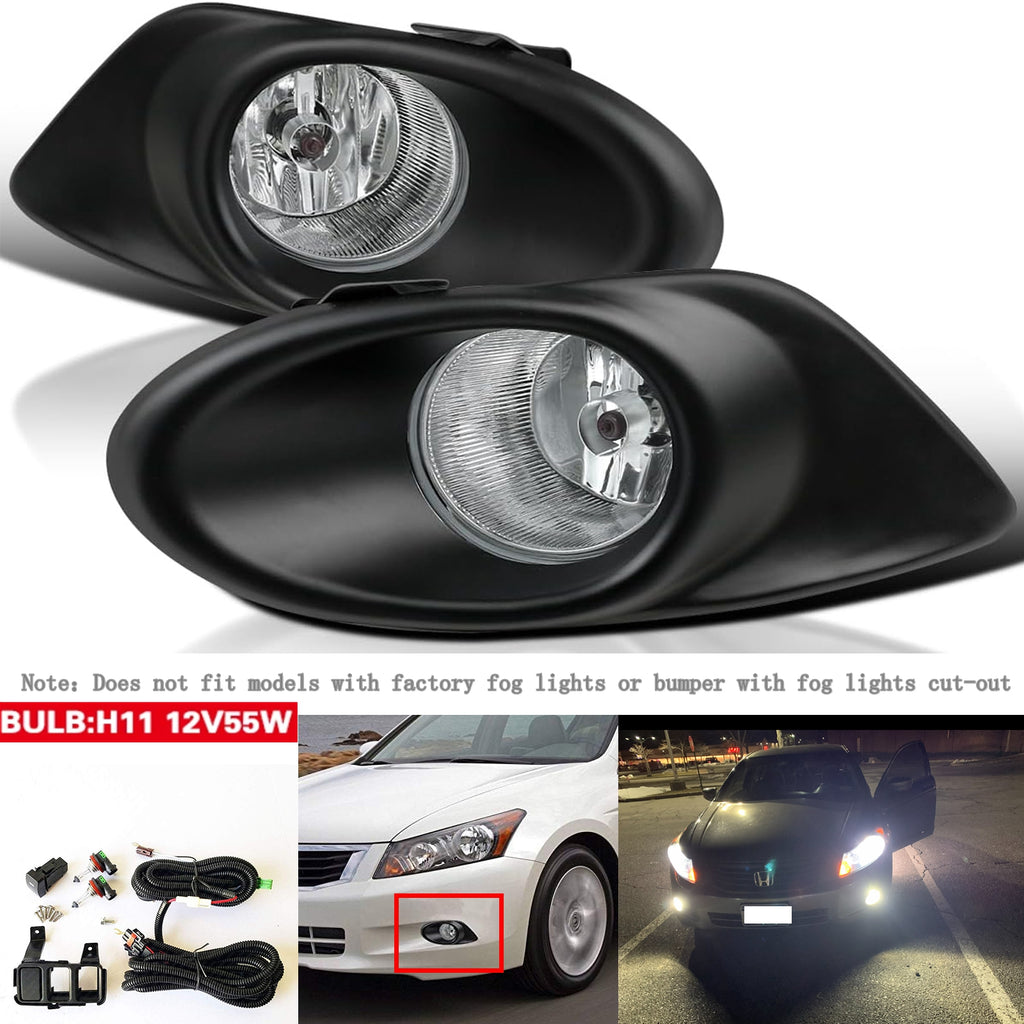 For 2008 2009 2010 Honda Accord Sedan 4DR Clear Lens Fog Light w/ Bezel Switch Bulb
