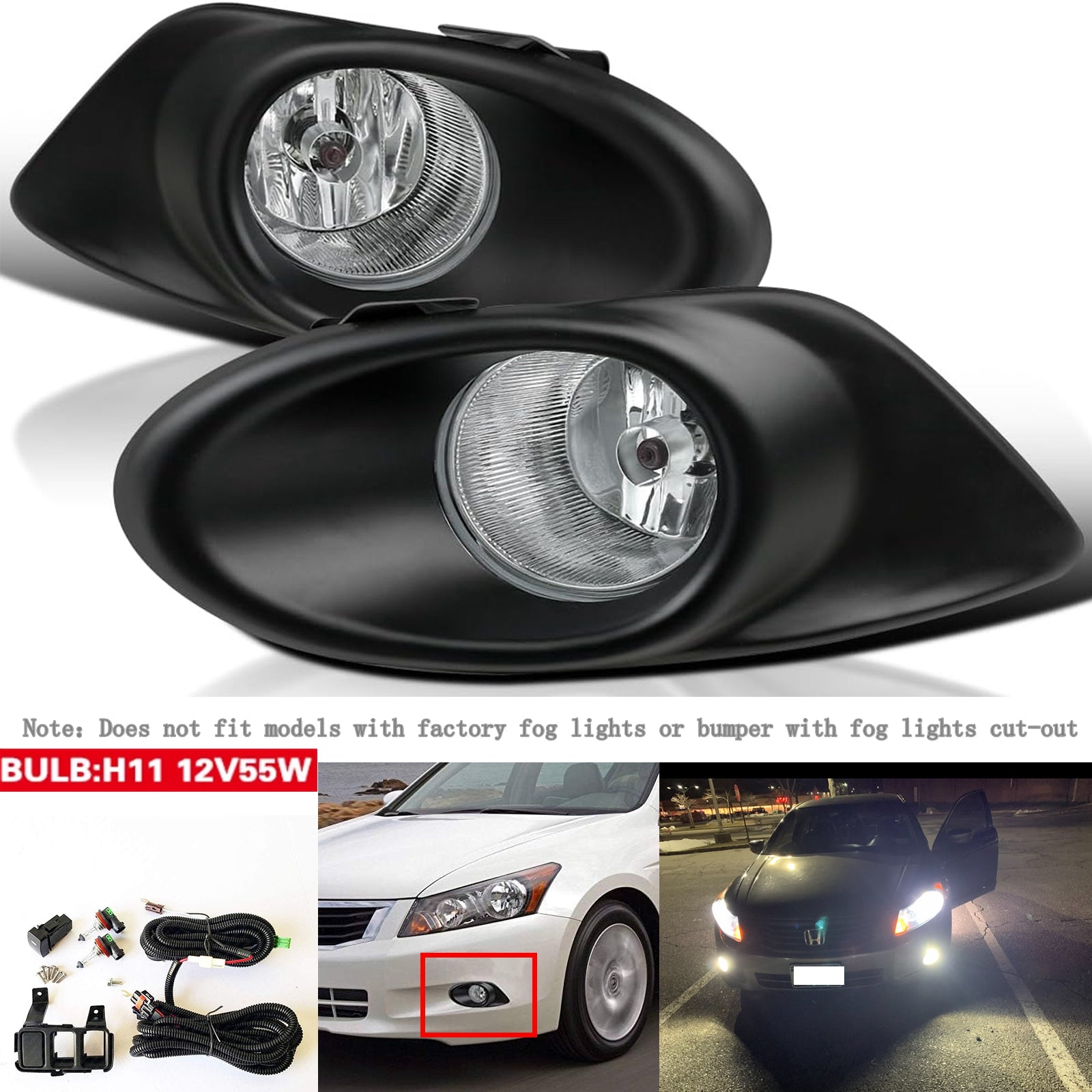 For 2008 2009 2010 Honda Accord Sedan 4DR Clear Lens Fog Light w/ Bezel Switch Bulb