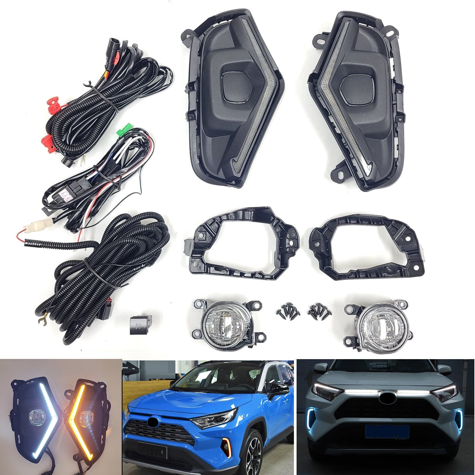 Dual Color LED Fog Driving Lights Kit Wire Switch Bezel For 2019 2020 2021 2022 2023 2024 Toyota Rav4 Rav 4 White DRL Amber Signal Sequential Accessories Lamps