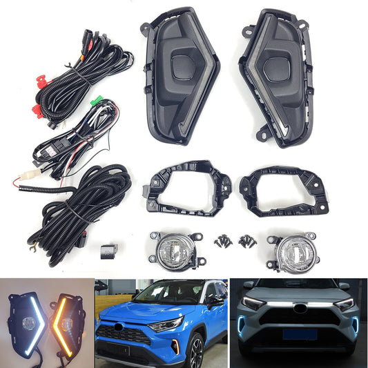 Dual Color LED Fog Driving Lights Kit Wire Switch Bezel For 2019 2020 2021 2022 2023 2024 Toyota Rav4 Rav 4 White DRL Amber Signal Sequential Accessories Lamps