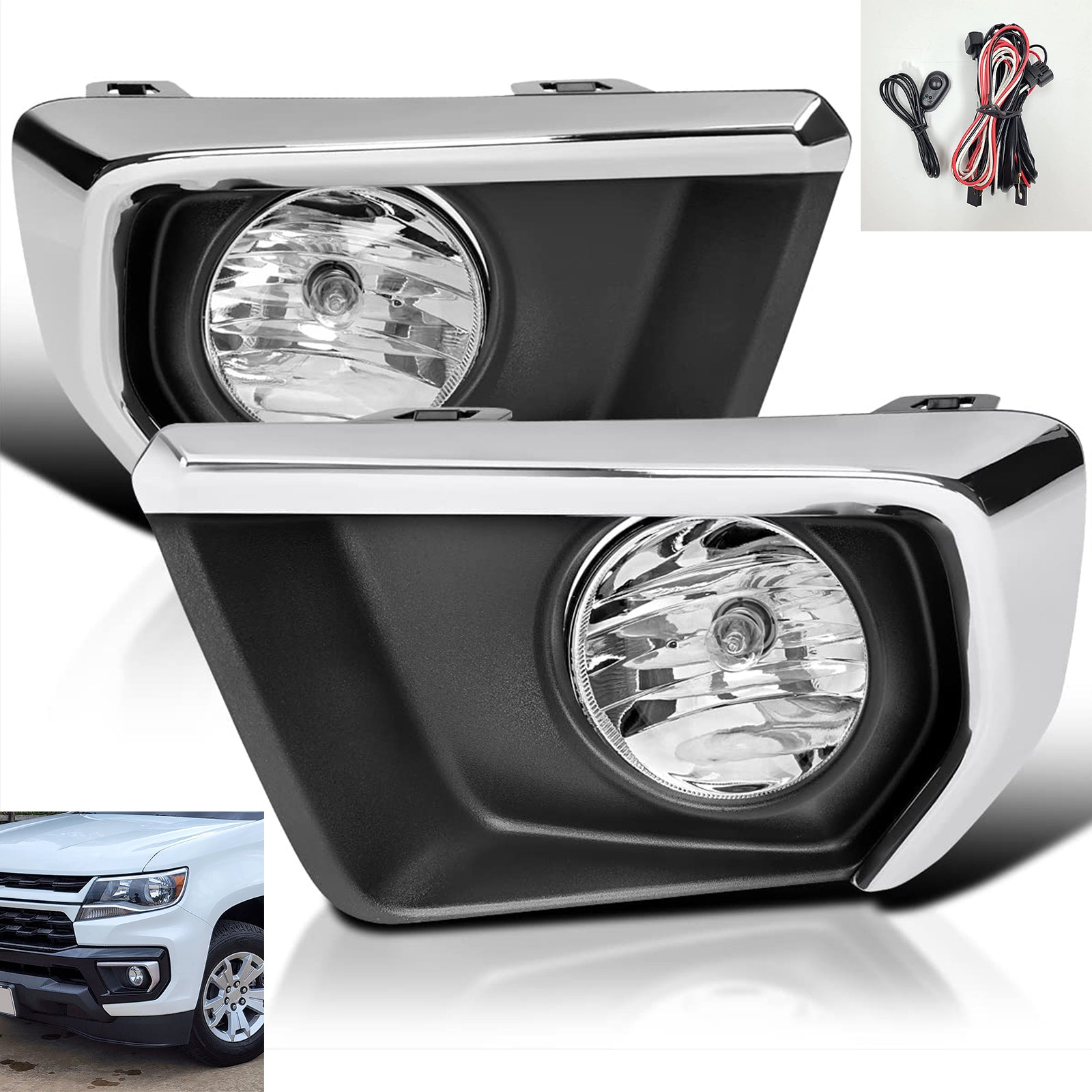 Clear Lens Fog Lights Kit For 2021-2022 Chevrolet Chevy Colorado with Wires Switch Chrome Bezel Relay OEM# 15839896, GM2590104,84750570 / 84750569,GM1039271 GM1038271
