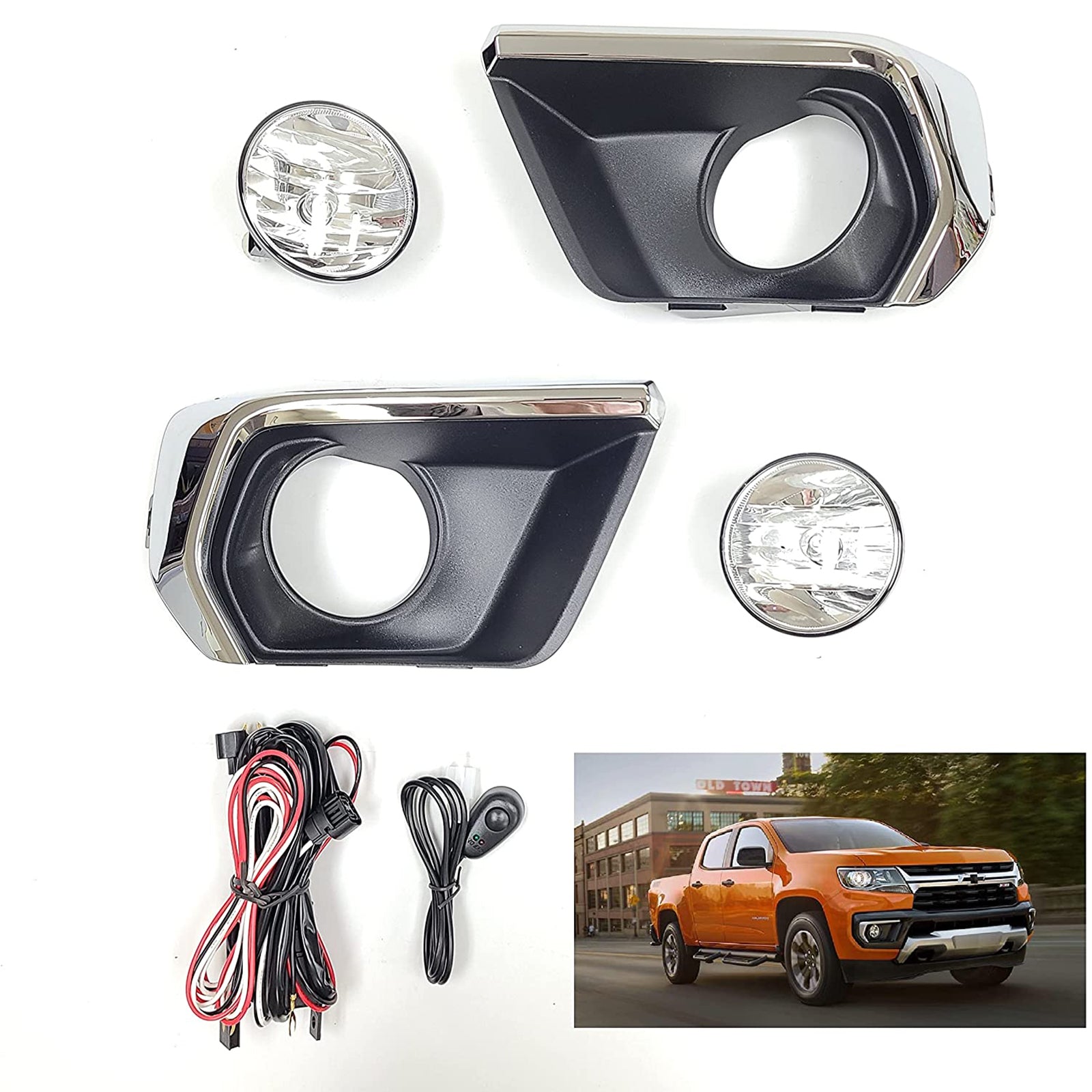 Clear Lens Fog Lights Kit For 2021-2022 Chevrolet Chevy Colorado with Wires Switch Chrome Bezel Relay OEM# 15839896, GM2590104,84750570 / 84750569,GM1039271 GM1038271