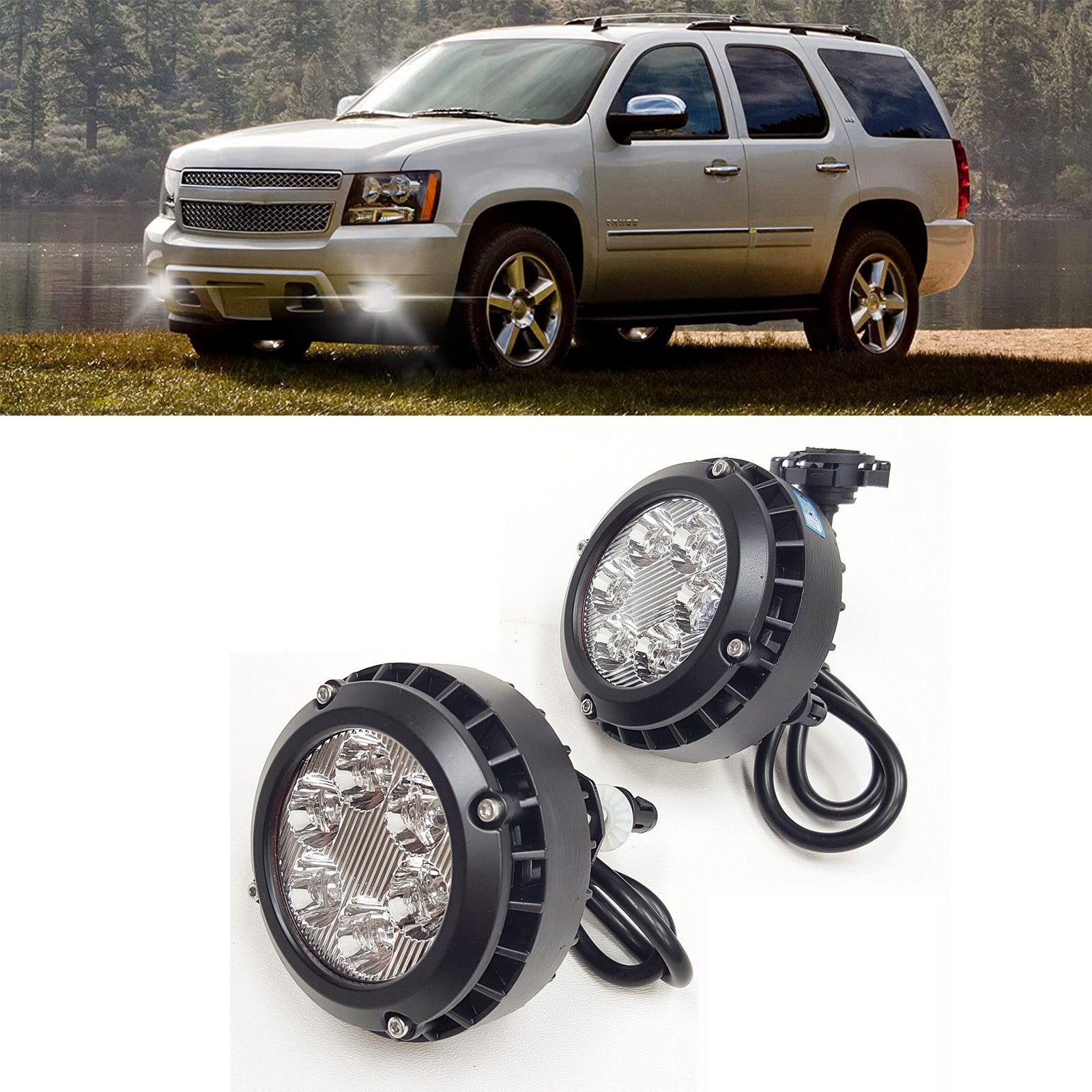 For 2007-2014 Chevy Tahoe models with round LED Clear Lens Fog Driving Lights Lamps Pair（Do not fit Off-road models）OEM#GM2590104 / 15839896