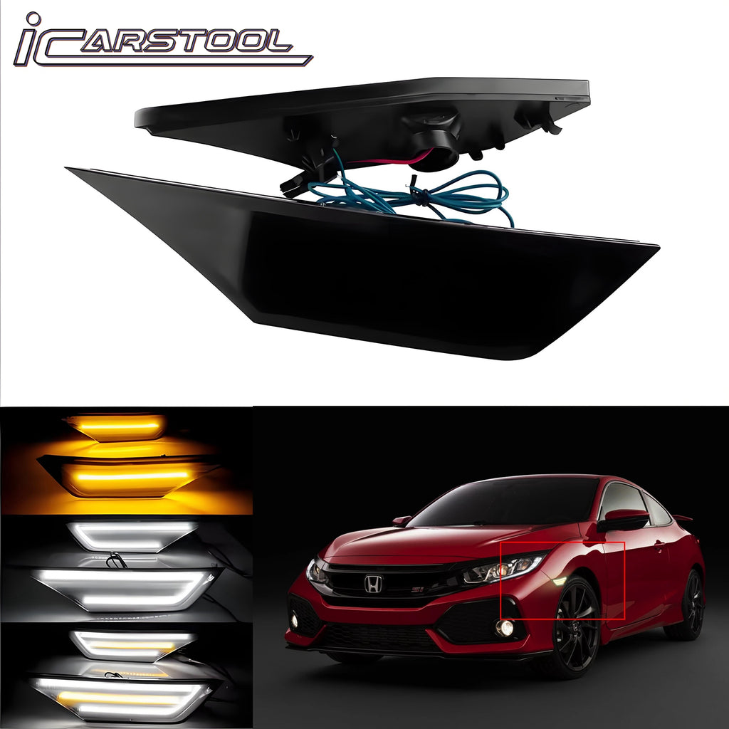 LED Front Black Bumper Amber Side Marker Turn Signal Light & DRL For Honda Civic OEM#33850TBAA02/33800TBAA02, 33850-TBA-A02, 33850-TBA-A01; 33800-TBA-A02, 33800-TBA-A01; 34300-TET-H01, 34350-TET-H01