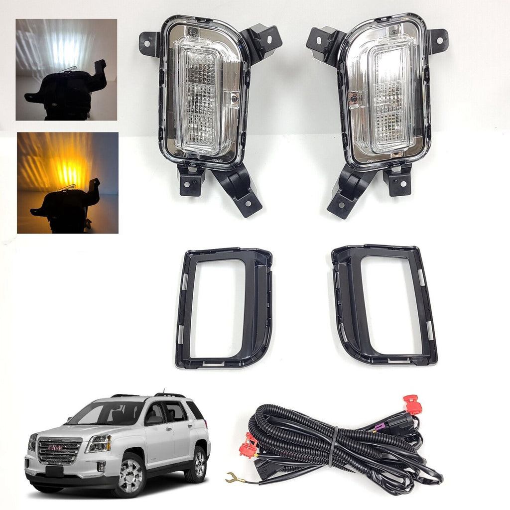 Clear Lens LED Fog Lights Kit For 2016-2017 GMC Terrain Denali, SL, SLE, SLT Trim Replacement Bezel Day Time Running Light DRL Amber Signal With Wires OEM# 84042389, 84042390 GM2562112, GM2563112,23372631, 23372632 GM1038190, GM1039190