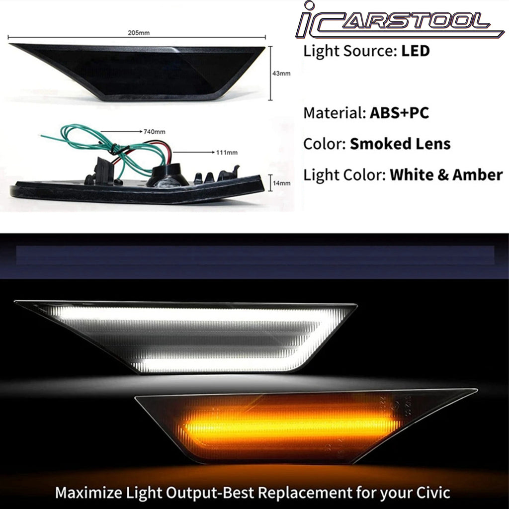 LED Front Black Bumper Amber Side Marker Turn Signal Light & DRL For Honda Civic OEM#33850TBAA02/33800TBAA02, 33850-TBA-A02, 33850-TBA-A01; 33800-TBA-A02, 33800-TBA-A01; 34300-TET-H01, 34350-TET-H01