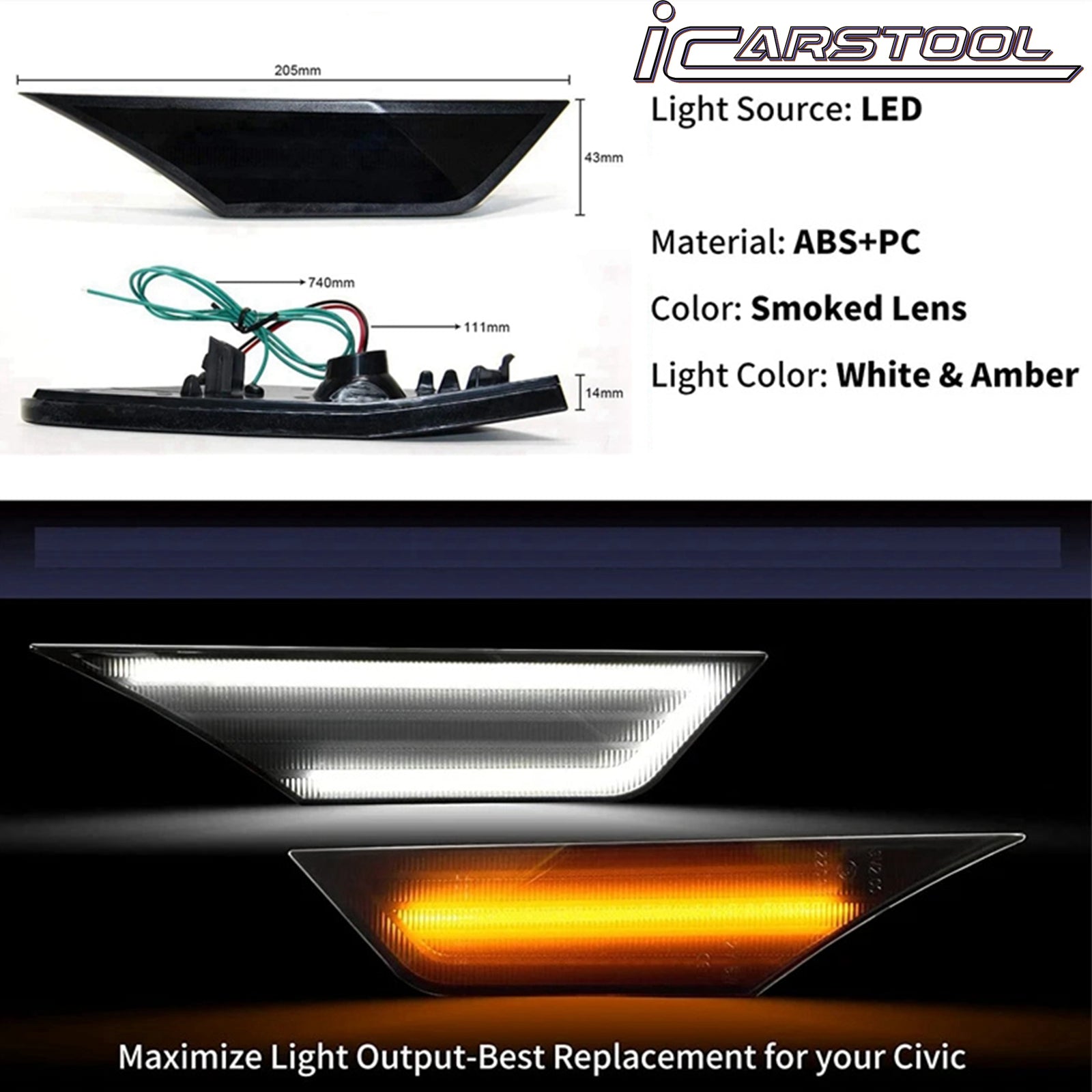LED Front Black Bumper Amber Side Marker Turn Signal Light & DRL For Honda Civic OEM#33850TBAA02/33800TBAA02, 33850-TBA-A02, 33850-TBA-A01; 33800-TBA-A02, 33800-TBA-A01; 34300-TET-H01, 34350-TET-H01