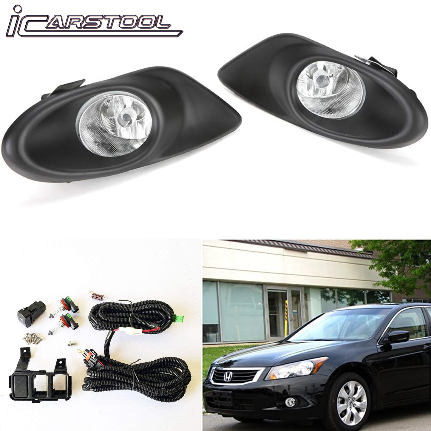 For 2008 2009 2010 Honda Accord Sedan 4DR Clear Lens Fog Light w/ Bezel Switch Bulb