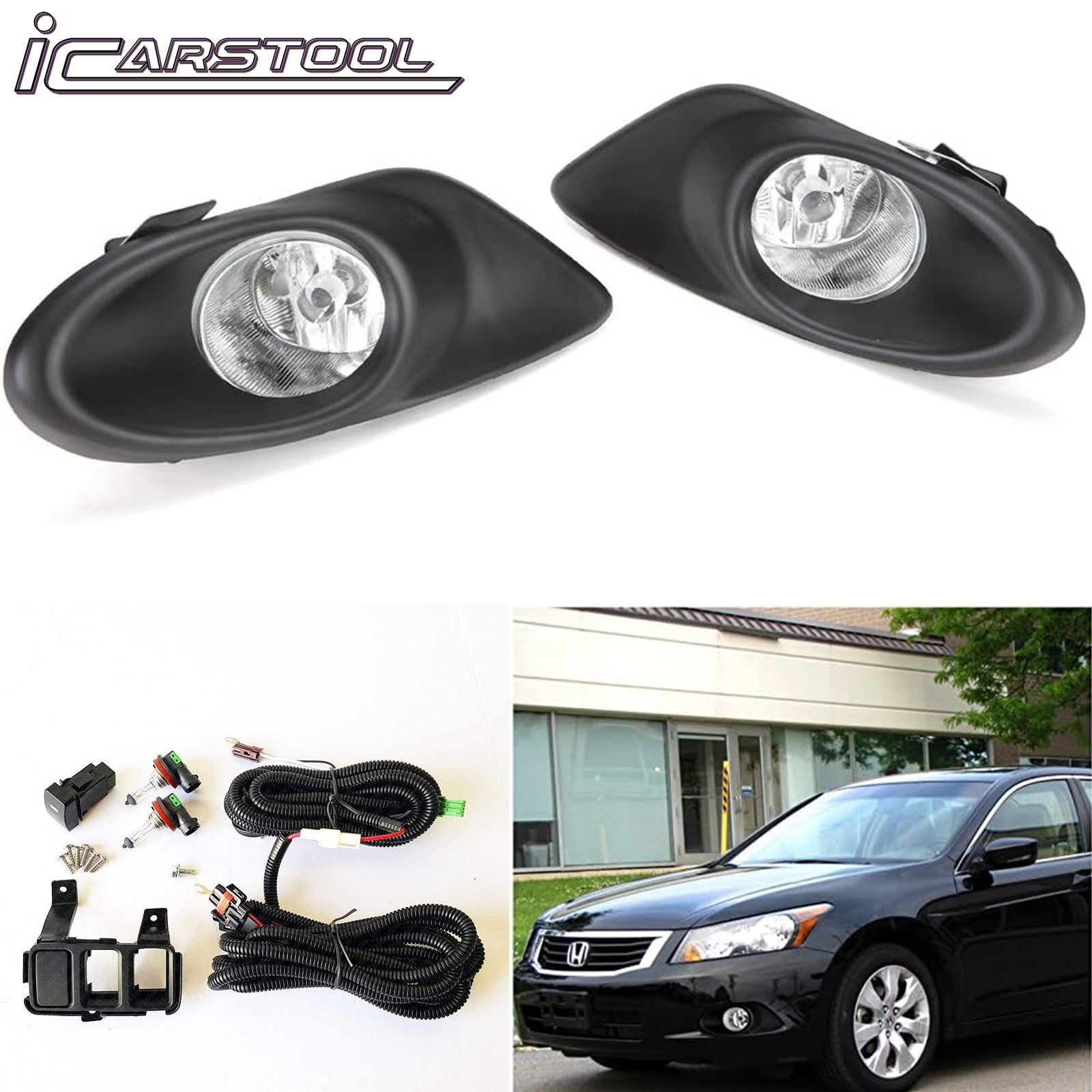 For 2008 2009 2010 Honda Accord Sedan 4DR Clear Lens Fog Light w/ Bezel Switch Bulb