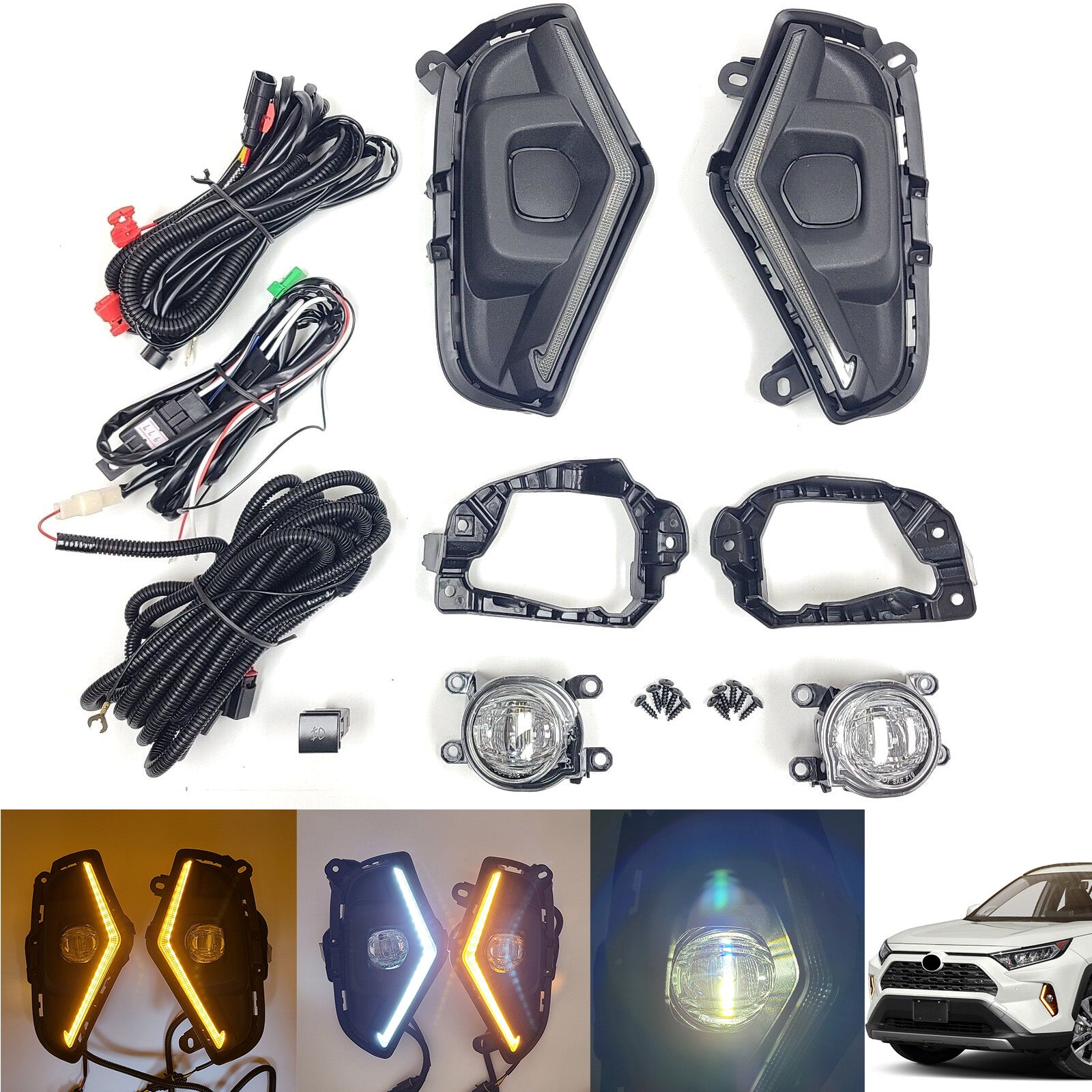 Dual Color LED Fog Driving Lights Kit Wire Switch Bezel For 2019 2020 2021 2022 2023 2024 Toyota Rav4 Rav 4 White DRL Amber Signal Sequential Accessories Lamps