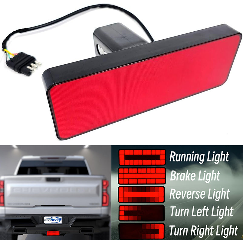 2" Receiver Tow Hitch Brake Reverse Sequential Signal Light Cover Red Reflector Small Square Pixel Bright LED RV SUV Van Truck Rectangler with Plug