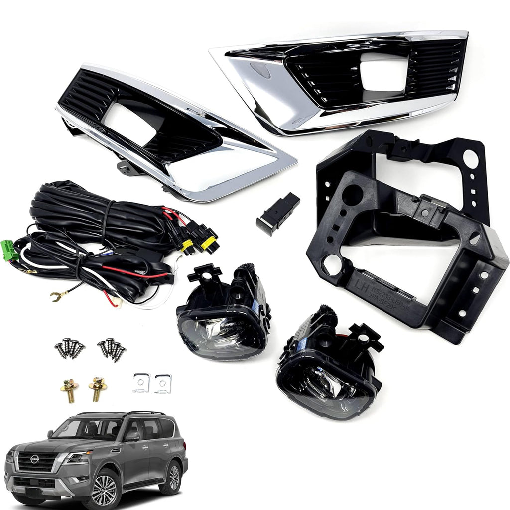 Clear Lens LED Fog Lights Kit For 2021-2023 Nissan Armada with Bezel Switch Wires Relay OEM# 26150-00Q0B / 26155-00Q0E