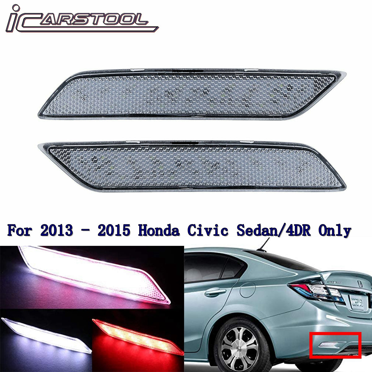 2x Clear Len LED Rear Bumper Reflector Brake Lights For 13-15 Honda Civic Sedan/4DR Only OEM#33505TR0A51, 33505-TR0-A51/33555-TR0-A51, 33555TR0A51