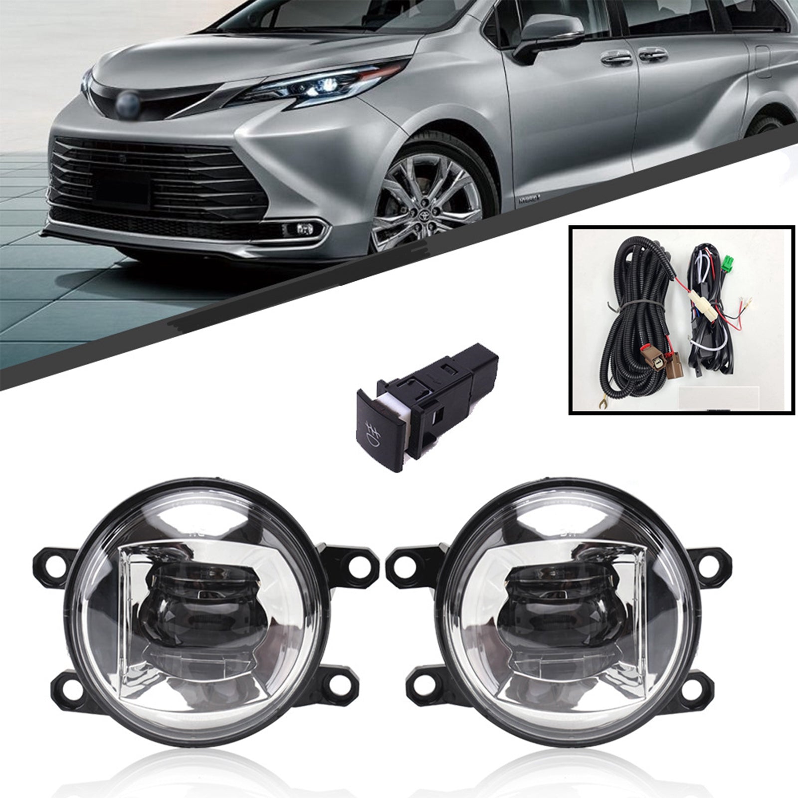 Clear Lens LED Fog Driving Lights Kit Assembly For 2021 2022 2023 2024 2025 Toyota Sienna LE XLE XSE LIMITED PLATINUM Wire Harness Switch Kit OEM# 81210-08040,81220-08040,TO2593145,TO2592145