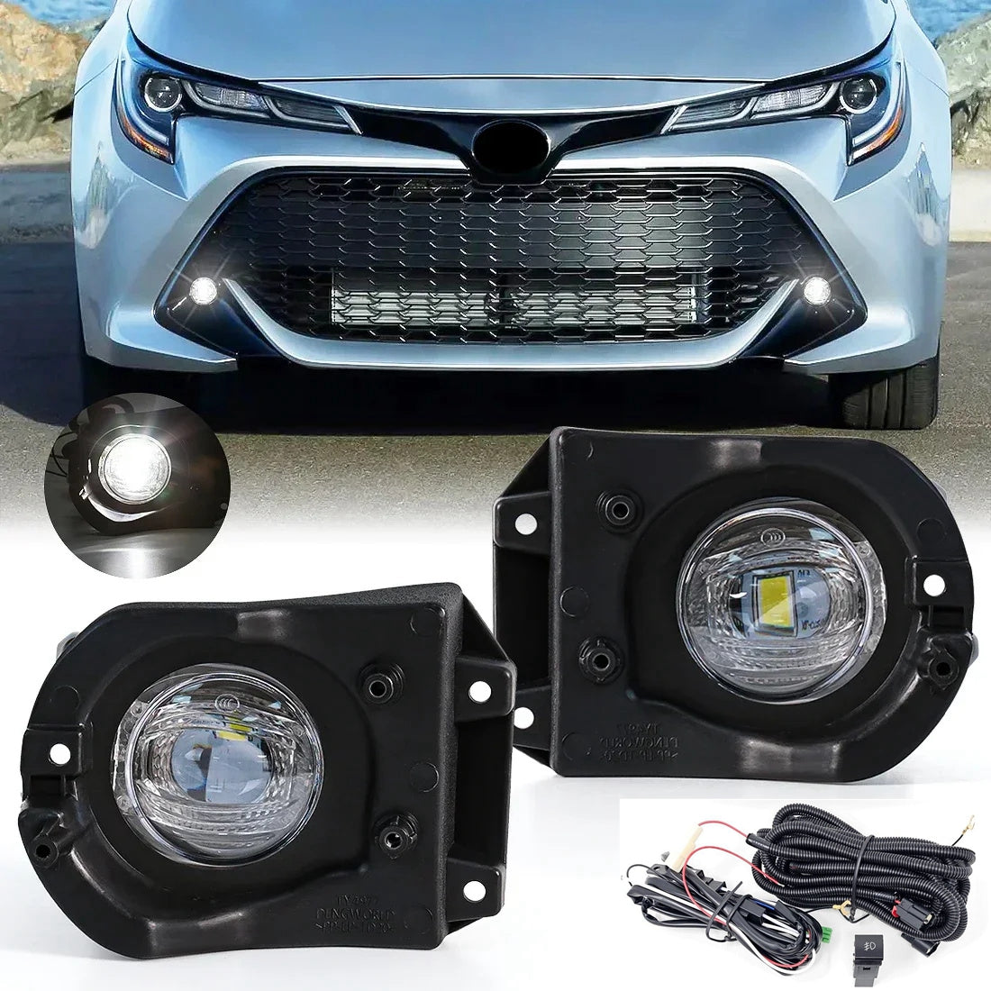 For 2022 2023 2024 Toyota Corolla Cross 6000k White LED Fog Light Kit Assembly Upgrade - OE Style Aftermarket Parts - Clear Lens Complete with Bezels Switch  and Wires