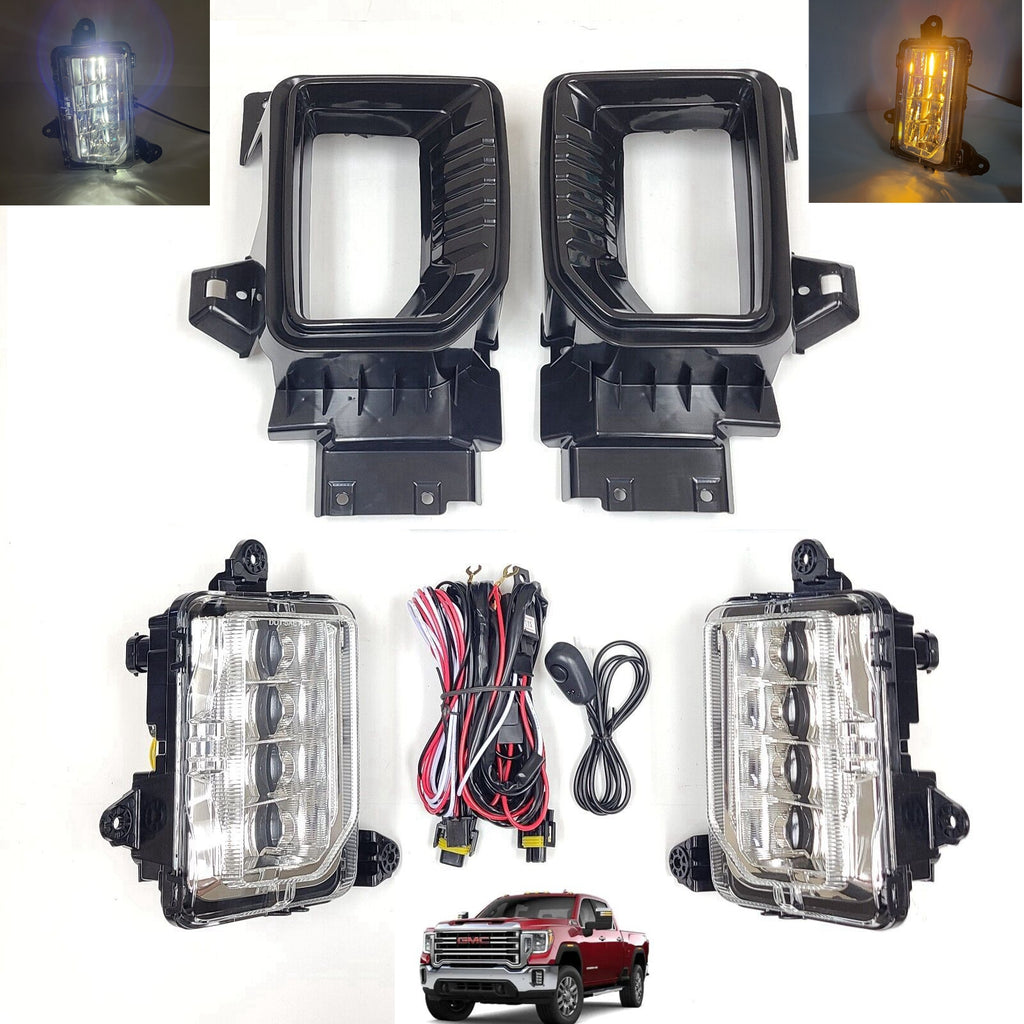 Clear Lens LED Fog Lights Kit For 2020 2021 2022 2023 GMC Sierra 2500HD 3500HD Base SLE SLT with Bezels Wires Switch Relay OEM#84513247, 84513246 GM2593331, GM2592331
