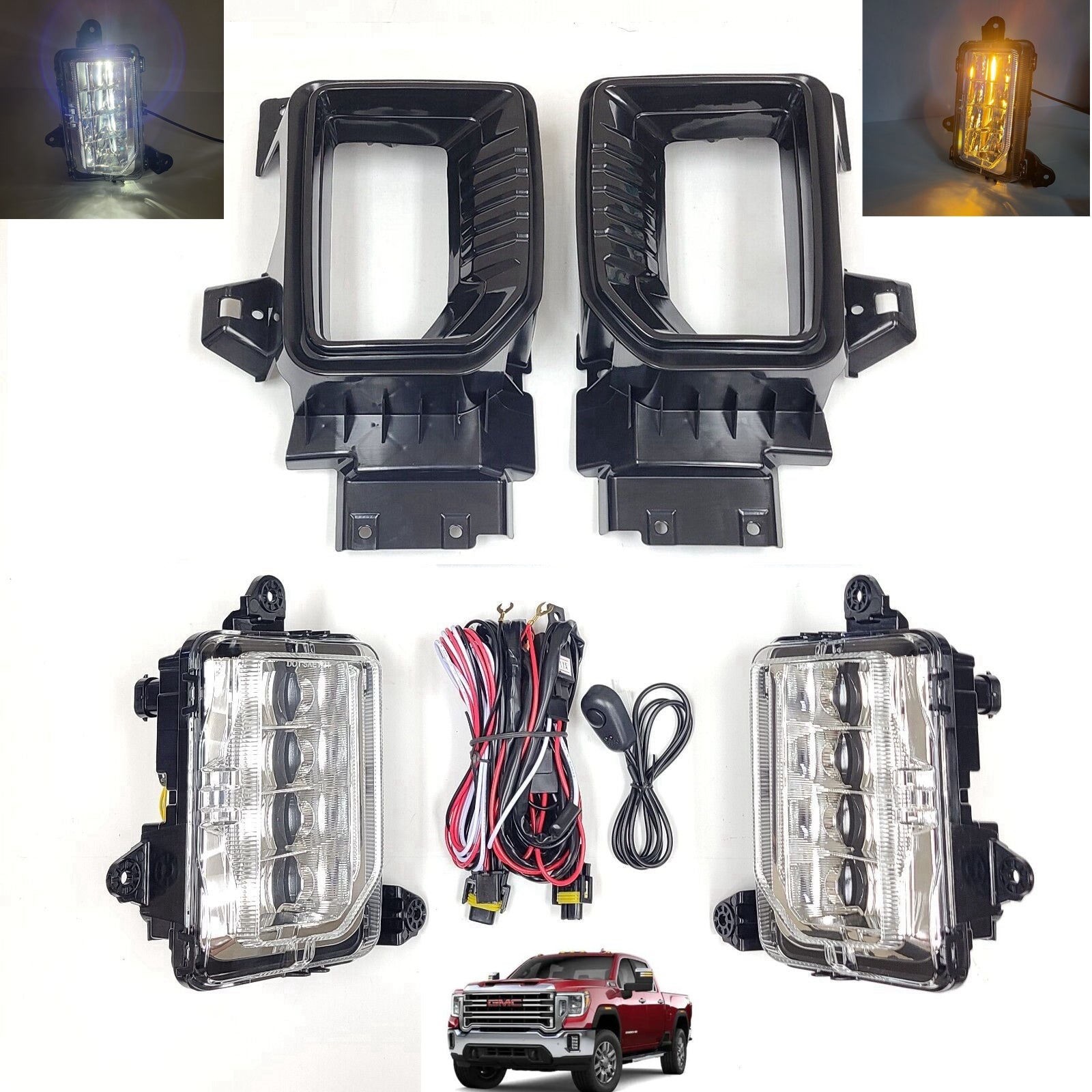 Clear Lens LED Fog Lights Kit For 2020 2021 2022 2023 GMC Sierra 2500HD 3500HD Base SLE SLT with Bezels Wires Switch Relay OEM#84513247, 84513246 GM2593331, GM2592331
