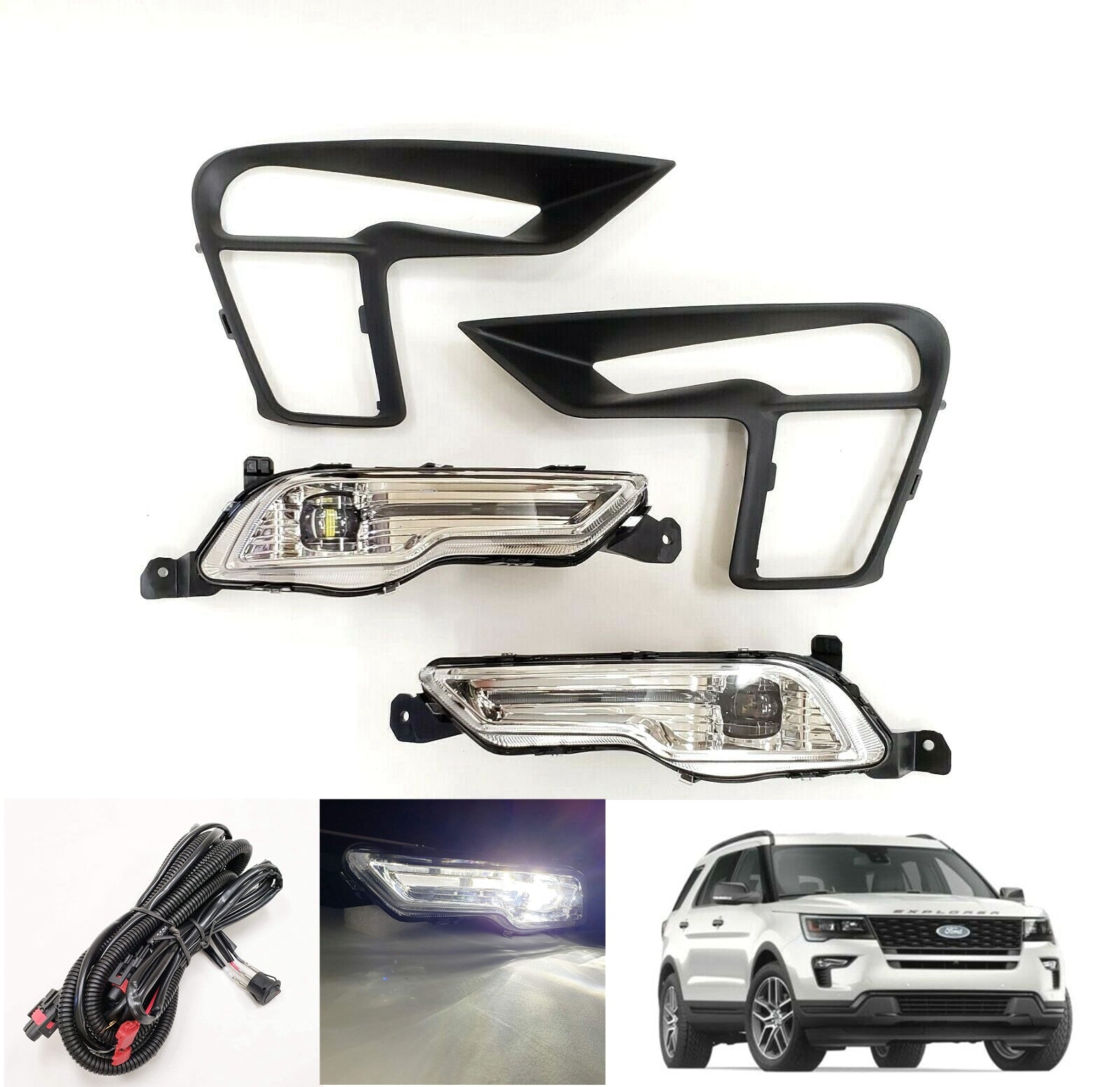 Built-in LED Fog Lights Kit for 2018 2019 Ford Explorer (OE Style Clear Lens with Switch, Relay, Bezels, Wires) OE# HS7Z15200F / HS7Z15201F, FO1039181 / FO103818