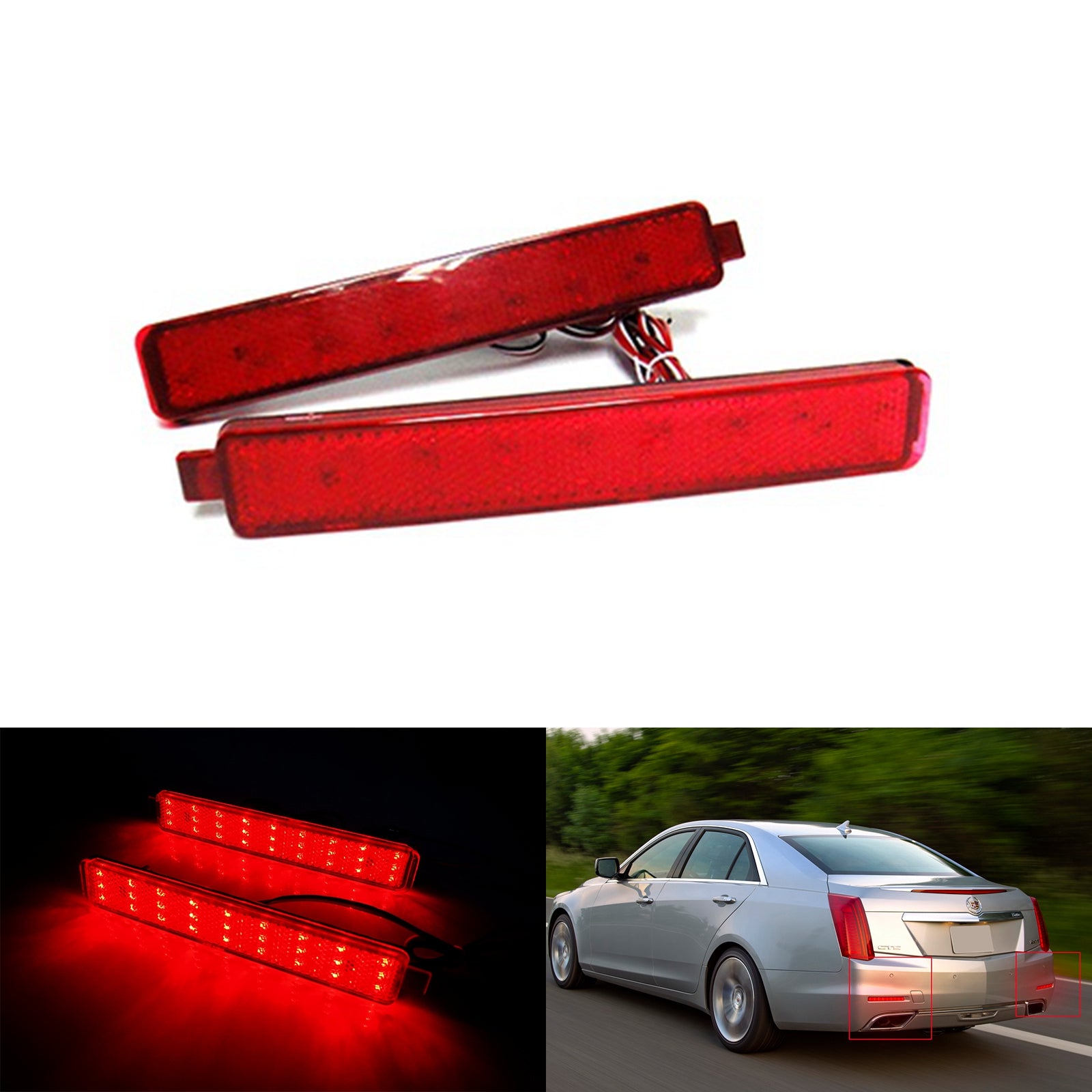 2x Red Lens LED Bumper Reflector Tail Brake Light For 2007-2013 Cadillac CTS, CTS-V sedanOEM#25805313, 16517435,GM2830101, 25805313
