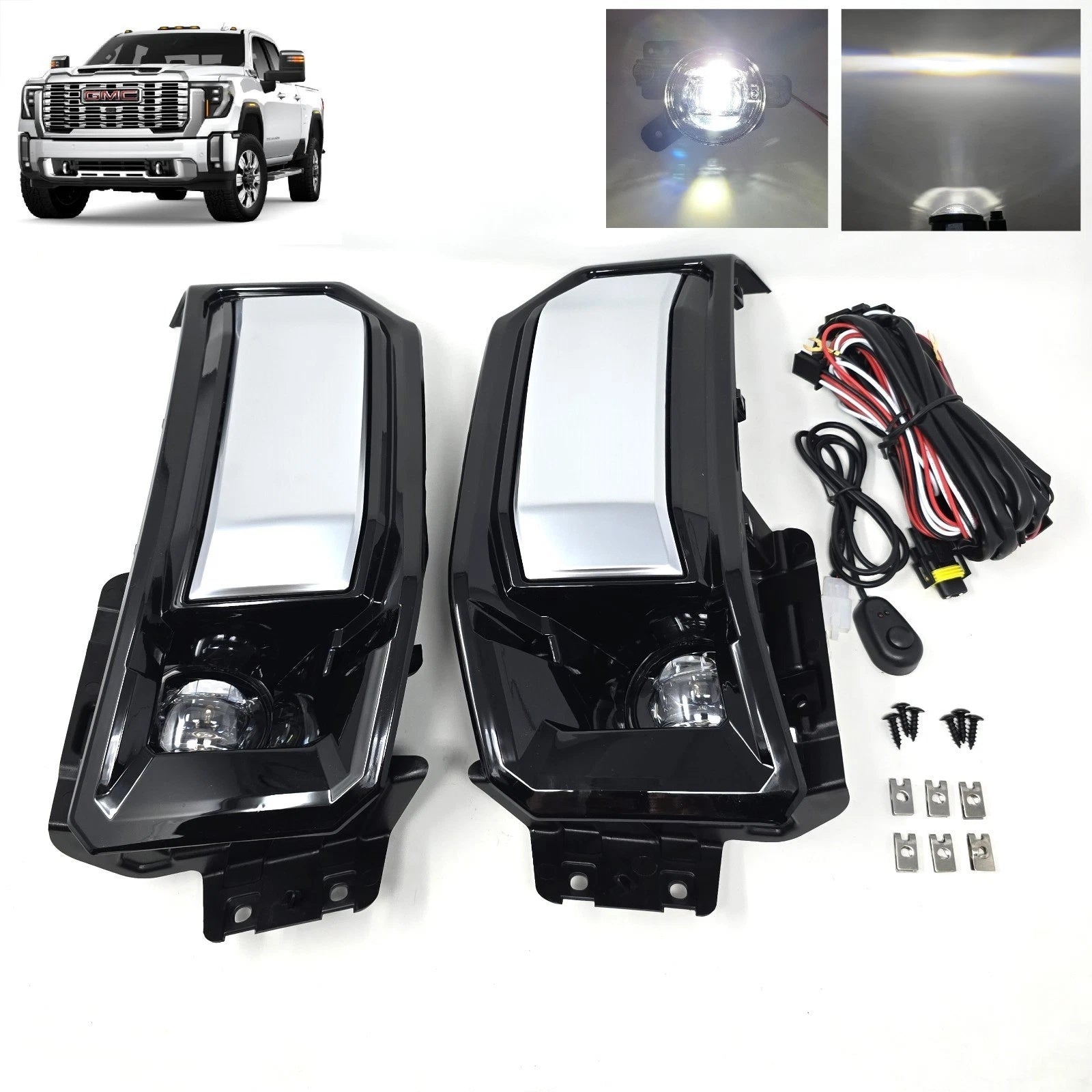 For 2024-2025 GMC Sierra 2500HD / 3500HD LED Fog Light Kit with Switch Bezel Wire Silver