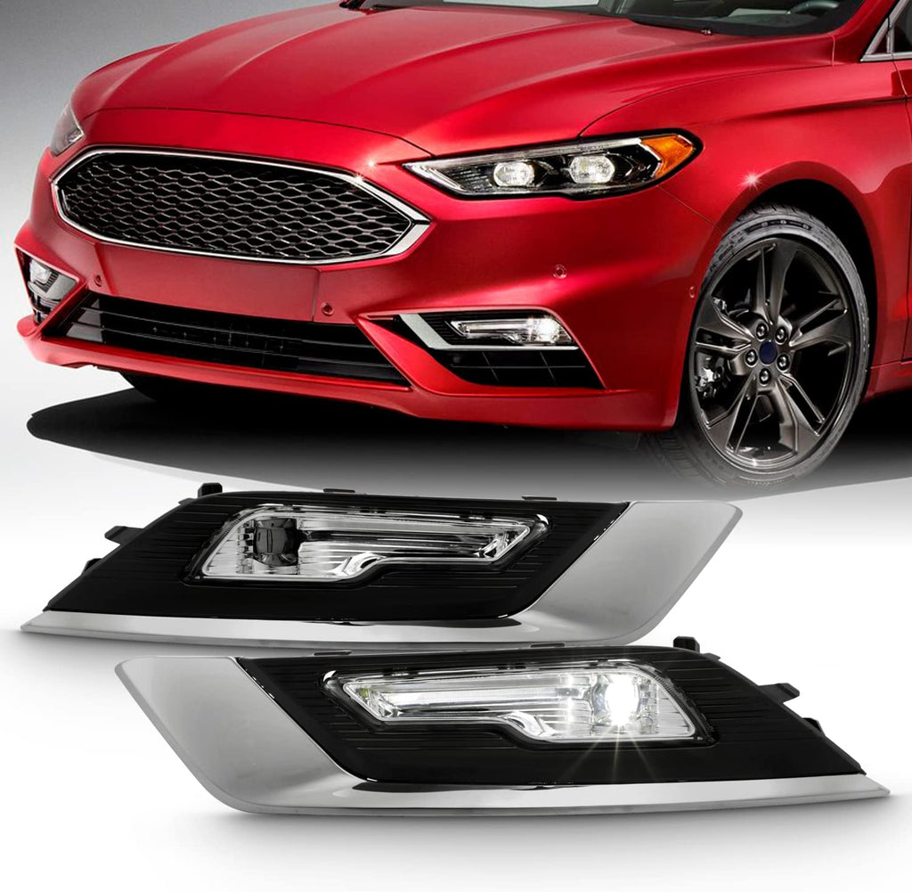 Built-in LED Fog Lights  for 2017-2018 Ford Fusion (OE Style Clear Lens with Switch, Bezels, Wires) OE#F1EZ15266D / F1EZ15266G, HS7Z15200F / HS7Z15201F