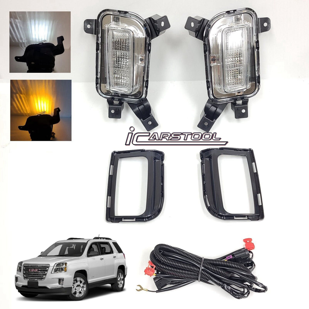 Clear Lens LED Fog Lights Kit For 2016-2017 GMC Terrain Denali, SL, SLE, SLT Trim Replacement Bezel Day Time Running Light DRL Amber Signal With Wires OEM# 84042389, 84042390 GM2562112, GM2563112,23372631, 23372632 GM1038190, GM1039190