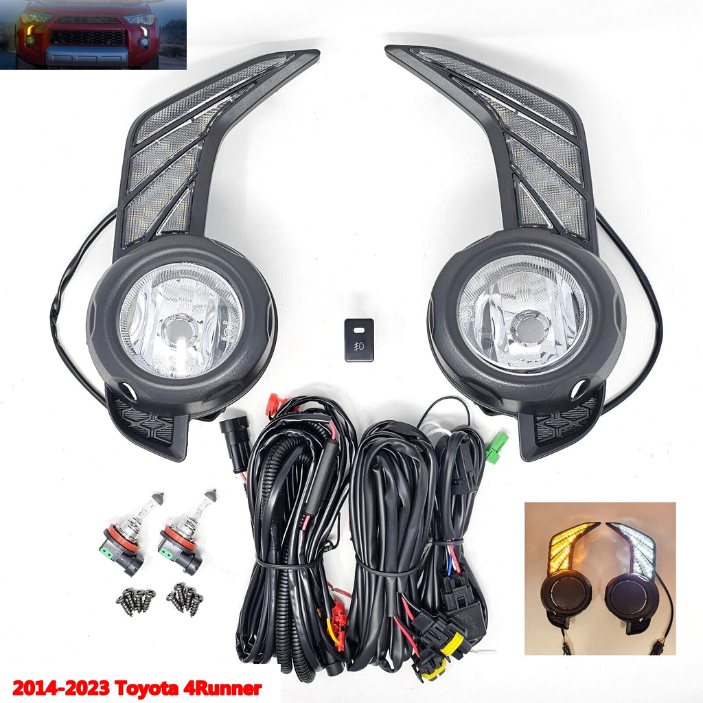 LED White DRL Amber Signal Fog Lights And Bezel Set For 2014-2023 Toyota 4Runner SR5 Base TRD Trail Sport OEM#5212735100, 5212835080 8121012230, 8122012230 TO1038173, TO1039173 TO2593126, TO2592126