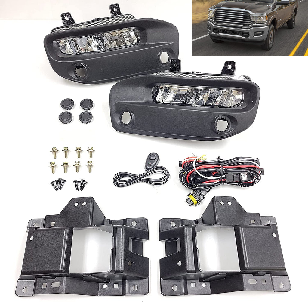 Clear Lens Fog Lights Kit For 2019-2024 Ram 2500 3500, OE Style Clear Lens Built-In LED Fog Lamps Assembly With Mounting Brackets Wire Harness Switch Bezels OEM# ‎68273291AB, 68273292AB, 68449338AA