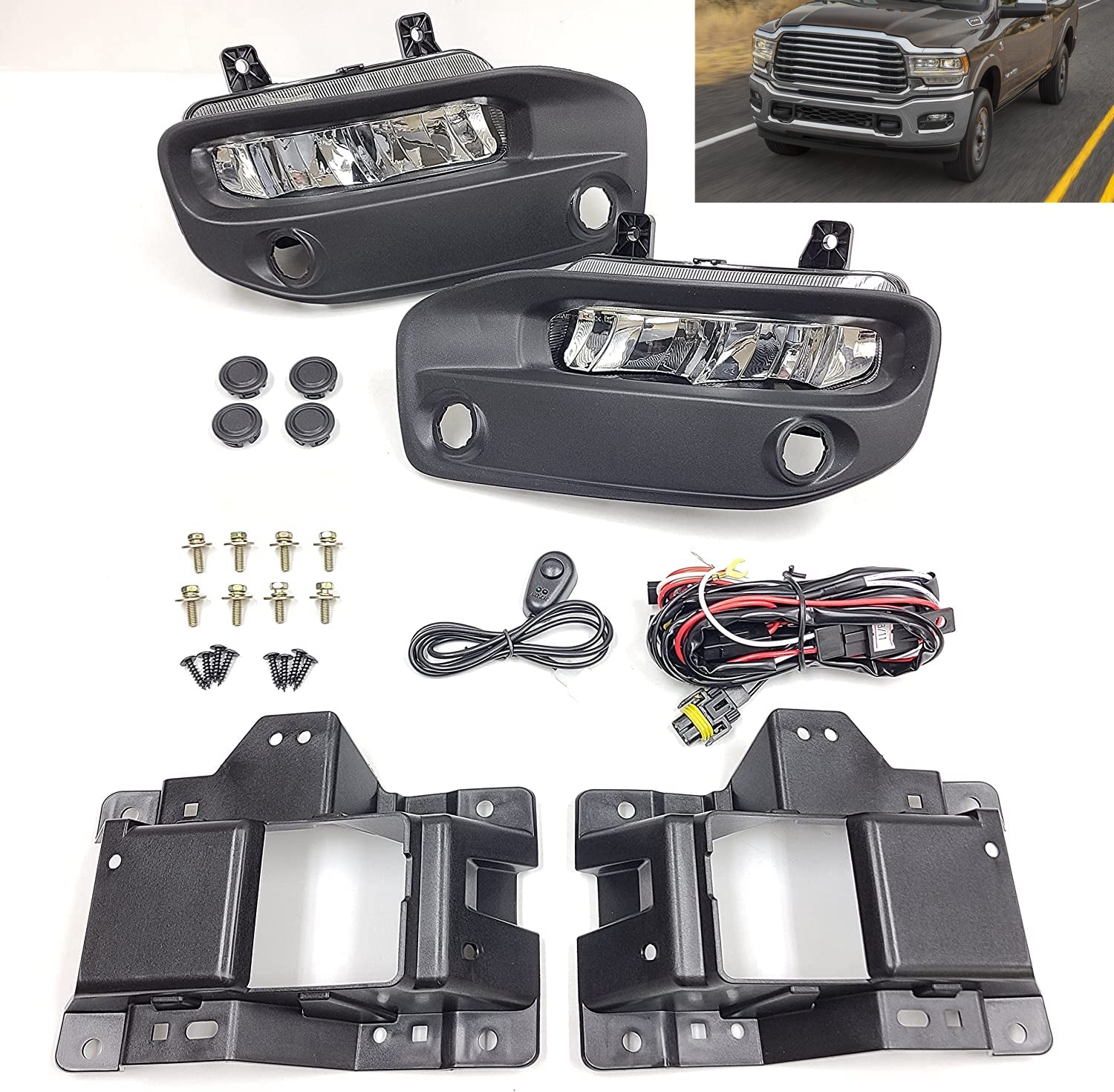 Clear Lens Fog Lights Kit For 2019-2024 Ram 2500 3500, OE Style Clear Lens Built-In LED Fog Lamps Assembly With Mounting Brackets Wire Harness Switch Bezels OEM# ‎68273291AB, 68273292AB, 68449338AA