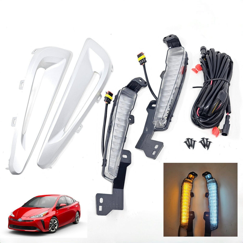  For 2019-2022 Toyota Prius Built-in LED Fog light w/DRL - White LED Running Lights + Yellow Signal Lights Kit - Complete with Bezels and Wiring Harness - OE Fitment