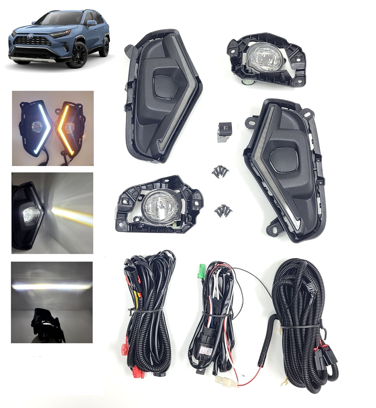 Dual Color LED Fog Driving Lights Kit Wire Switch Bezel For 2019 2020 2021 2022 2023 2024 Toyota Rav4 Rav 4 White DRL Amber Signal Sequential Accessories Lamps