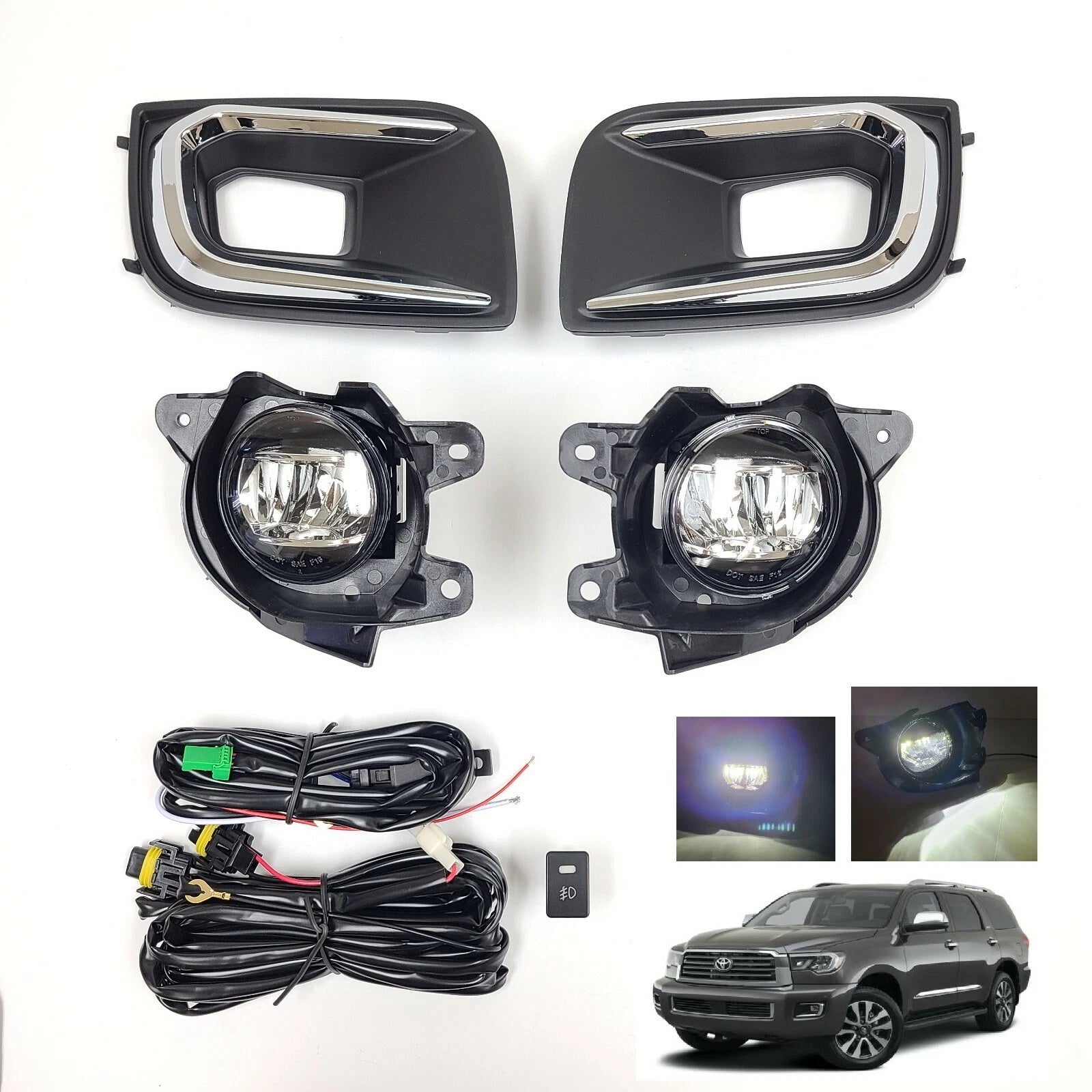 Clear Lens LED Fog Driving Lights Kit For 2018-2022 Toyota Sequoia Chrome Bezel Wire Harness Switch Kit Assembly OEM#81210-0C030 / 81220-0C030 TO2592140 / TO2593140 52030-0C020 / 52040-0C020 TO1038219 / TO1039219