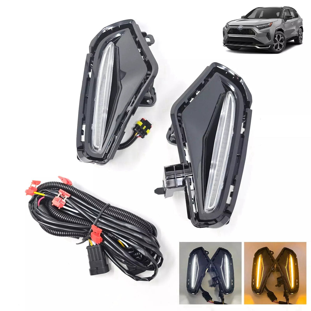 Dual Color LED DRL Signal Fog Light Kit For 2019-2025 Toyota Rav4 LE XLE Hybrid SE XSE with Bezel Wire & Daytime Running Light Amber Turn Signal Light