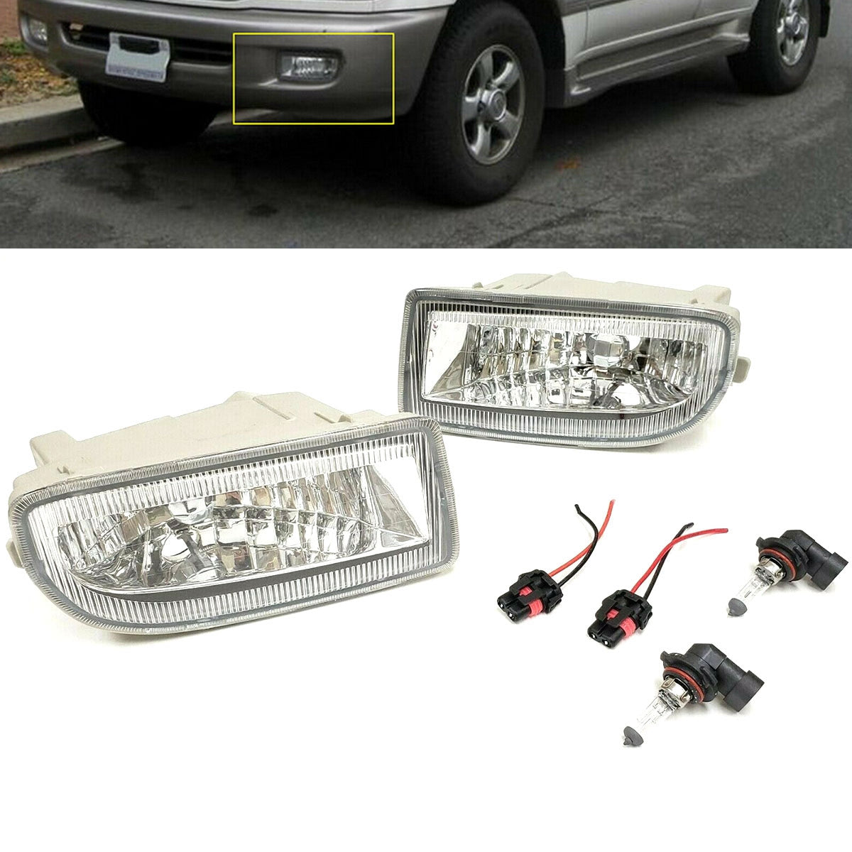 Fog Lights  For 1998-2007 Toyota Land Cruiser (OE Style Clear Lens with Adapter Plugs, Bulb) OE#TO2592101 / TO2593101, 81220-60042 / 81210-60122