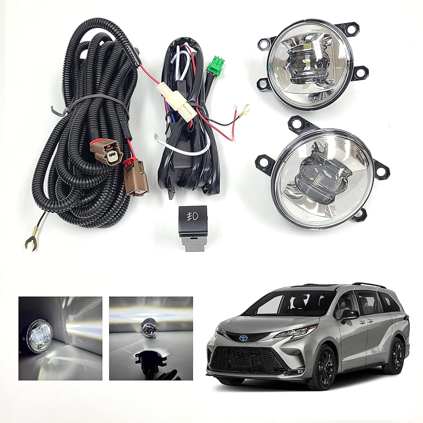 Clear Lens LED Fog Driving Lights Kit Assembly For 2021 2022 2023 2024 2025 Toyota Sienna LE XLE XSE LIMITED PLATINUM Wire Harness Switch Kit OEM# 81210-08040,81220-08040,TO2593145,TO2592145