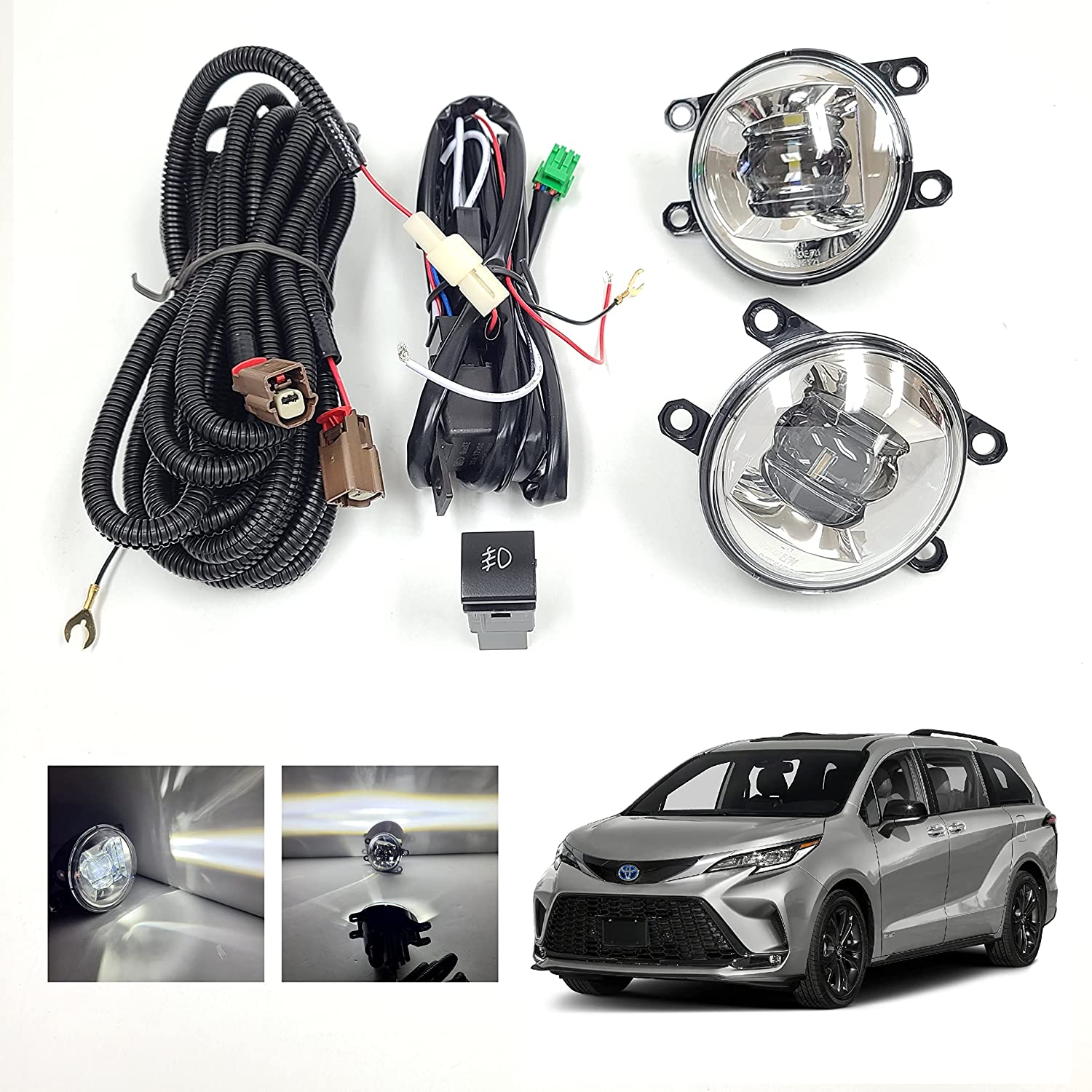 Clear Lens LED Fog Driving Lights Kit Assembly For 2021 2022 2023 2024 2025 Toyota Sienna LE XLE XSE LIMITED PLATINUM Wire Harness Switch Kit OEM# 81210-08040,81220-08040,TO2593145,TO2592145