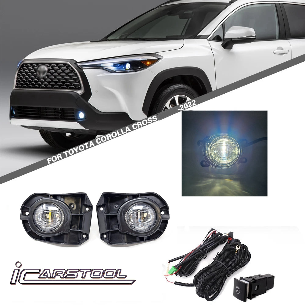 For 2022 2023 2024 Toyota Corolla Cross 6000k White LED Fog Light Kit Assembly Upgrade - OE Style Aftermarket Parts - Clear Lens Complete with Bezels Switch  and Wires