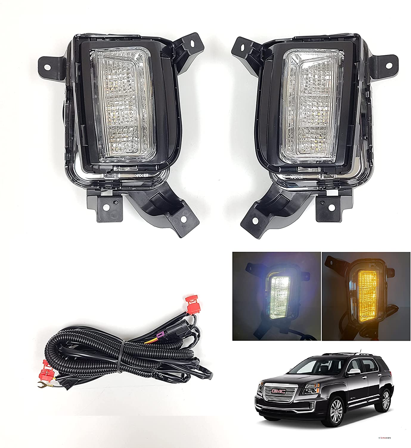 Clear Lens LED Fog Lights Kit For 2016-2017 GMC Terrain Denali, SL, SLE, SLT Trim Replacement Bezel Day Time Running Light DRL Amber Signal With Wires OEM# 84042389, 84042390 GM2562112, GM2563112,23372631, 23372632 GM1038190, GM1039190