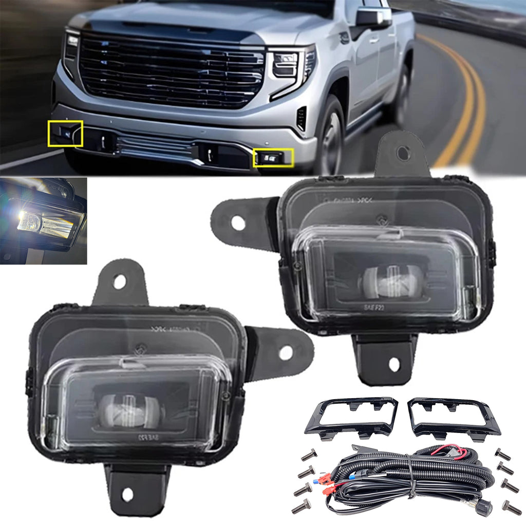 Clear Lens LED Fog Lights Kit For 2022 2023 2024 2025 GMC Sierra 1500  AT4 / DENALI / SLT / PRO / SLE / ELEVATION with Switch Wire Bezel White OEM#84550846 / 84550845 GM2593338 / GM2592338