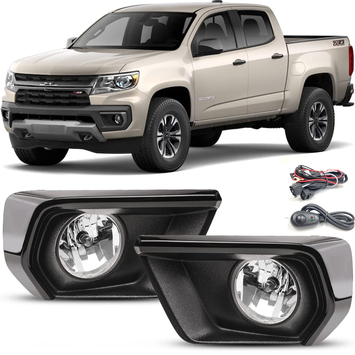 Clear Lens Fog Lights Kit For 2021-2022 Chevy Colorado with Bezel Switch Wire Bulbs OEM# 15839896,GM2590104,84750570 / 84750569 ,GM1039271 GM1038271