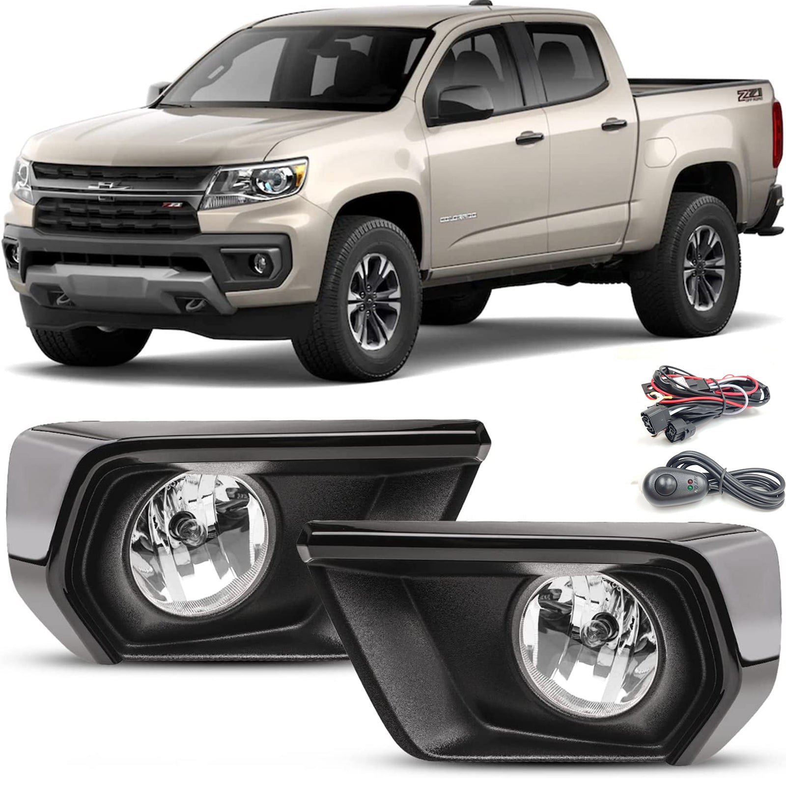 Clear Lens Fog Lights Kit For 2021-2022 Chevy Colorado with Bezel Switch Wire Bulbs OEM# 15839896,GM2590104,84750570 / 84750569 ,GM1039271 GM1038271