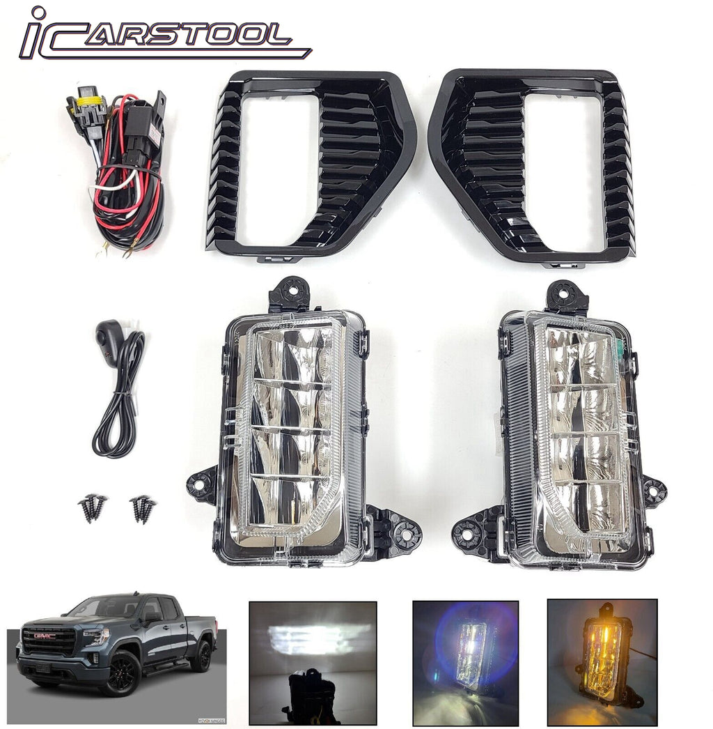 Clear Lens LED Fog Lights Kit For 2019 2020 2021 GMC Sierra 1500 Base SLE Replacement Wires Bezel Switch Relay OEM# 84513246, 84513247 GM2592331, GM2593331