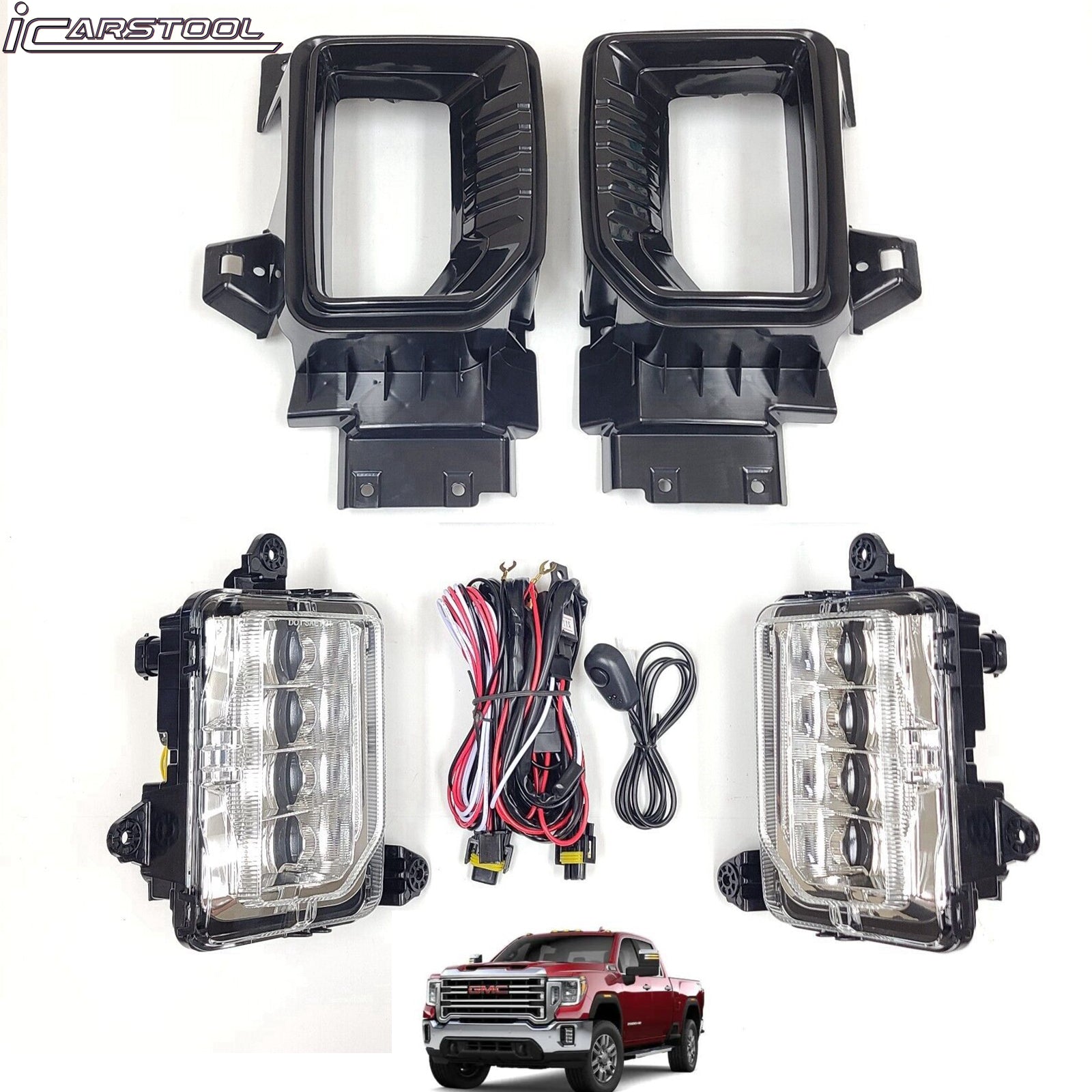 Clear Lens LED Fog Lights Kit For 2020 2021 2022 2023 GMC Sierra 2500HD 3500HD Base SLE SLT with Bezels Wires Switch Relay OEM#84513247, 84513246 GM2593331, GM2592331